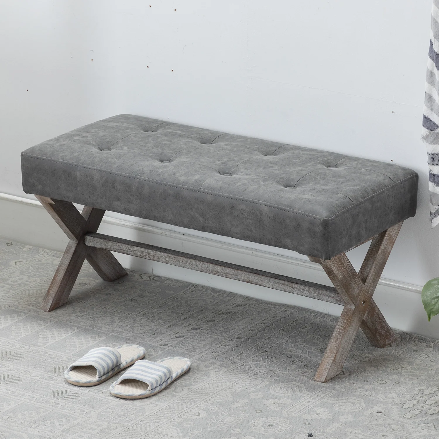 PU Upholstered Textured Gray Entryway Bench - 7868 - Image 3