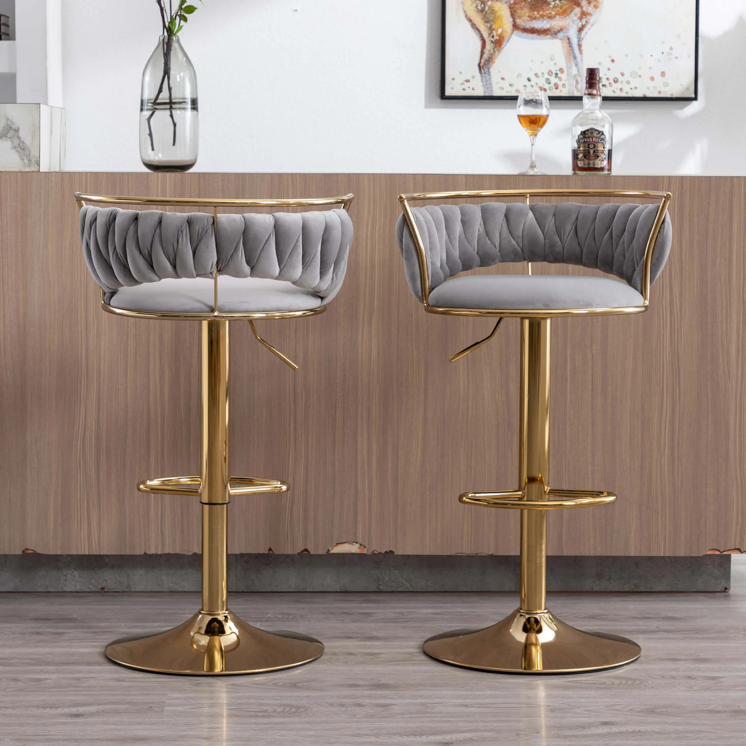 Swivel Adjustable Gold Woven Velvet Bar Stools Set of 2 - 6015AB - Image 10
