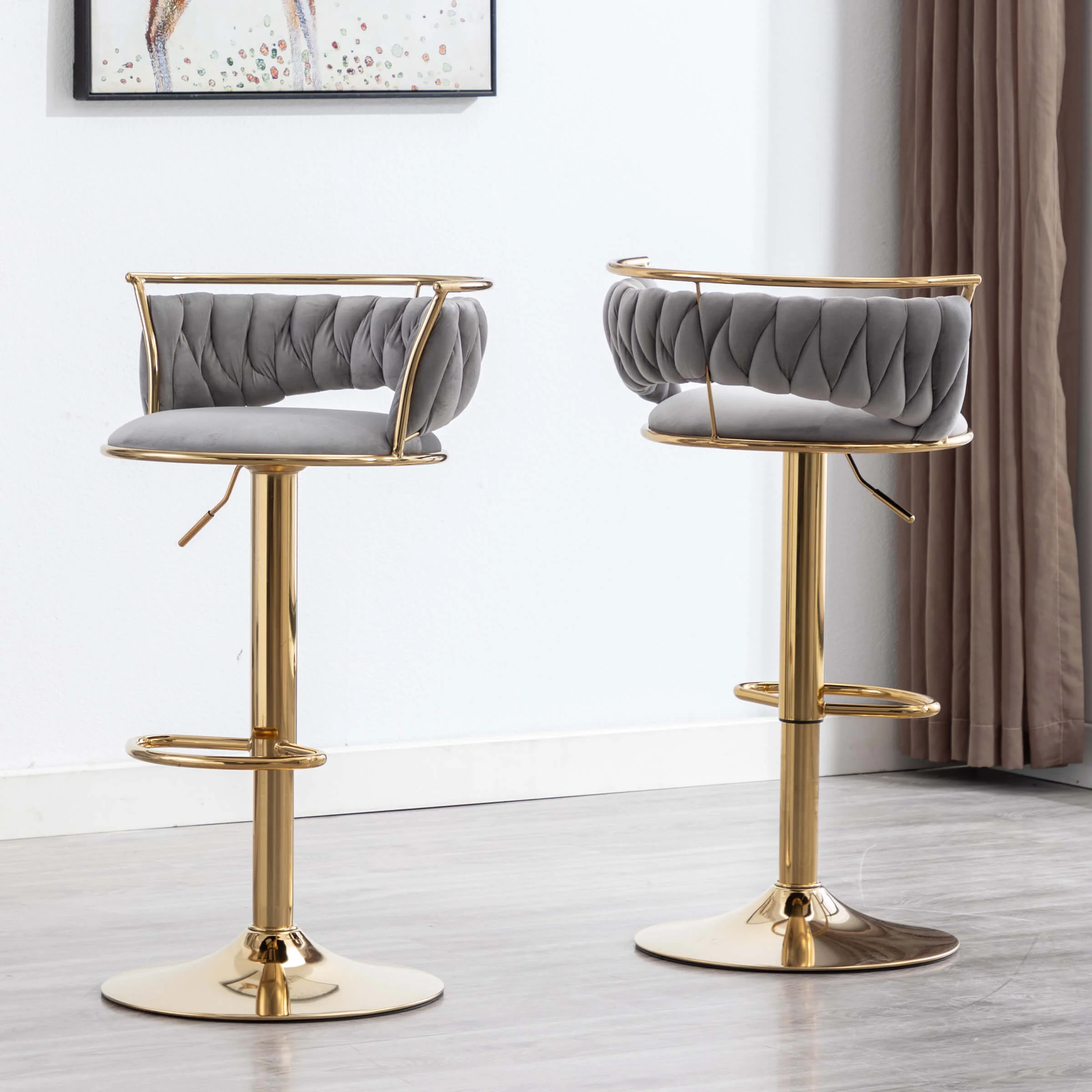 Swivel Adjustable Gold Woven Velvet Bar Stools Set of 2 - 6015AB - Image 11
