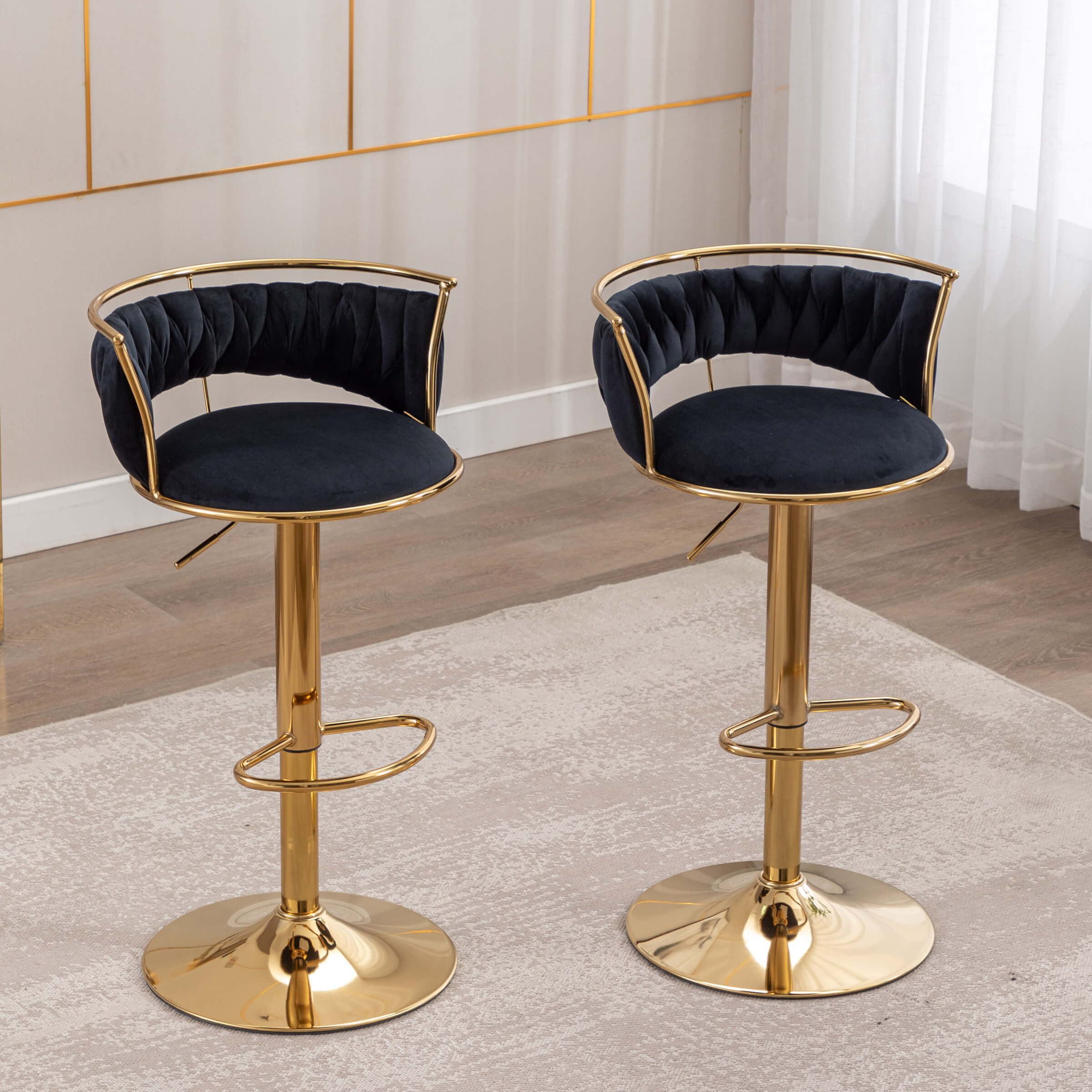 Swivel Adjustable Gold Woven Velvet Bar Stools Set of 2 - 6015AB - Image 15