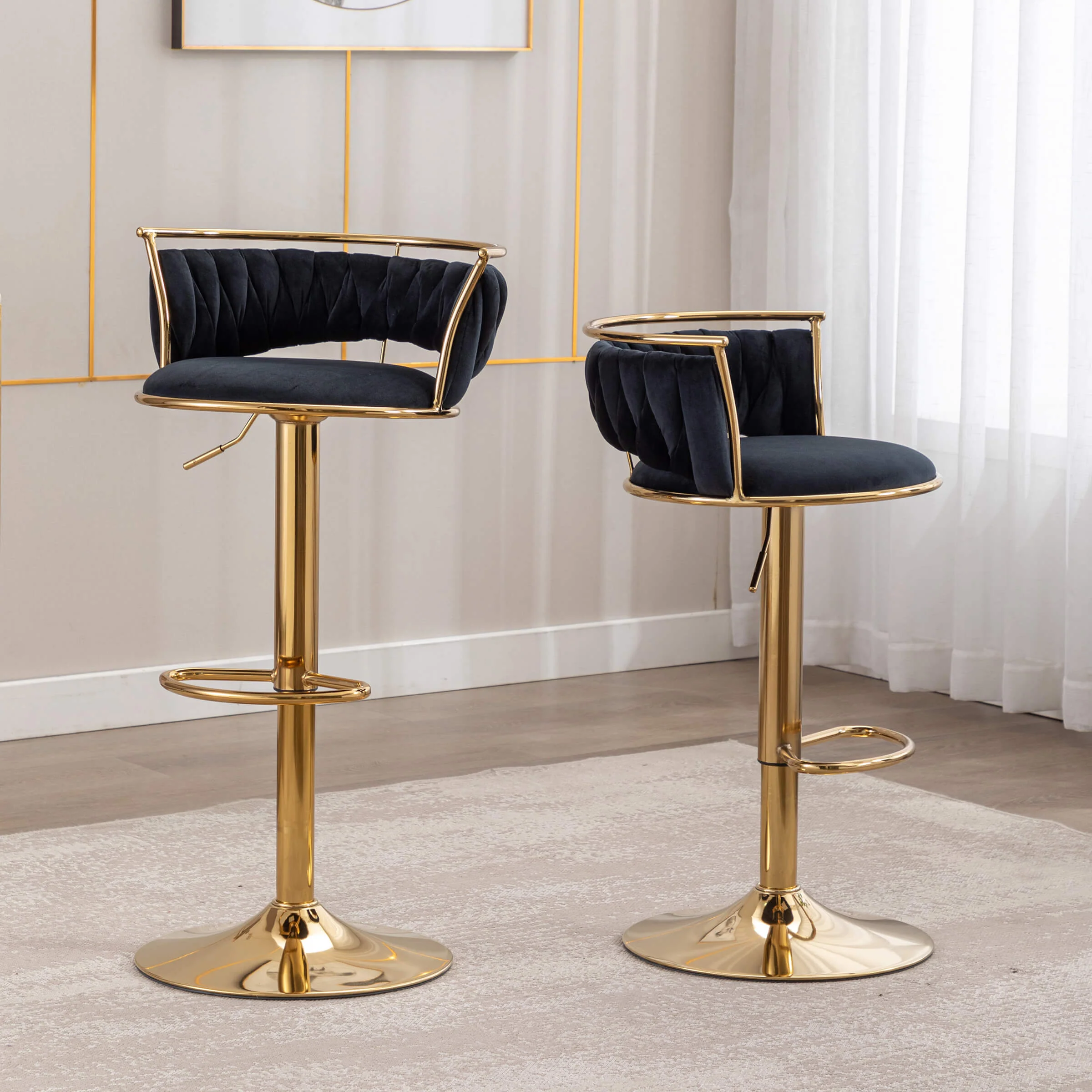 Swivel Adjustable Gold Woven Velvet Bar Stools Set of 2 - 6015AB - Image 16