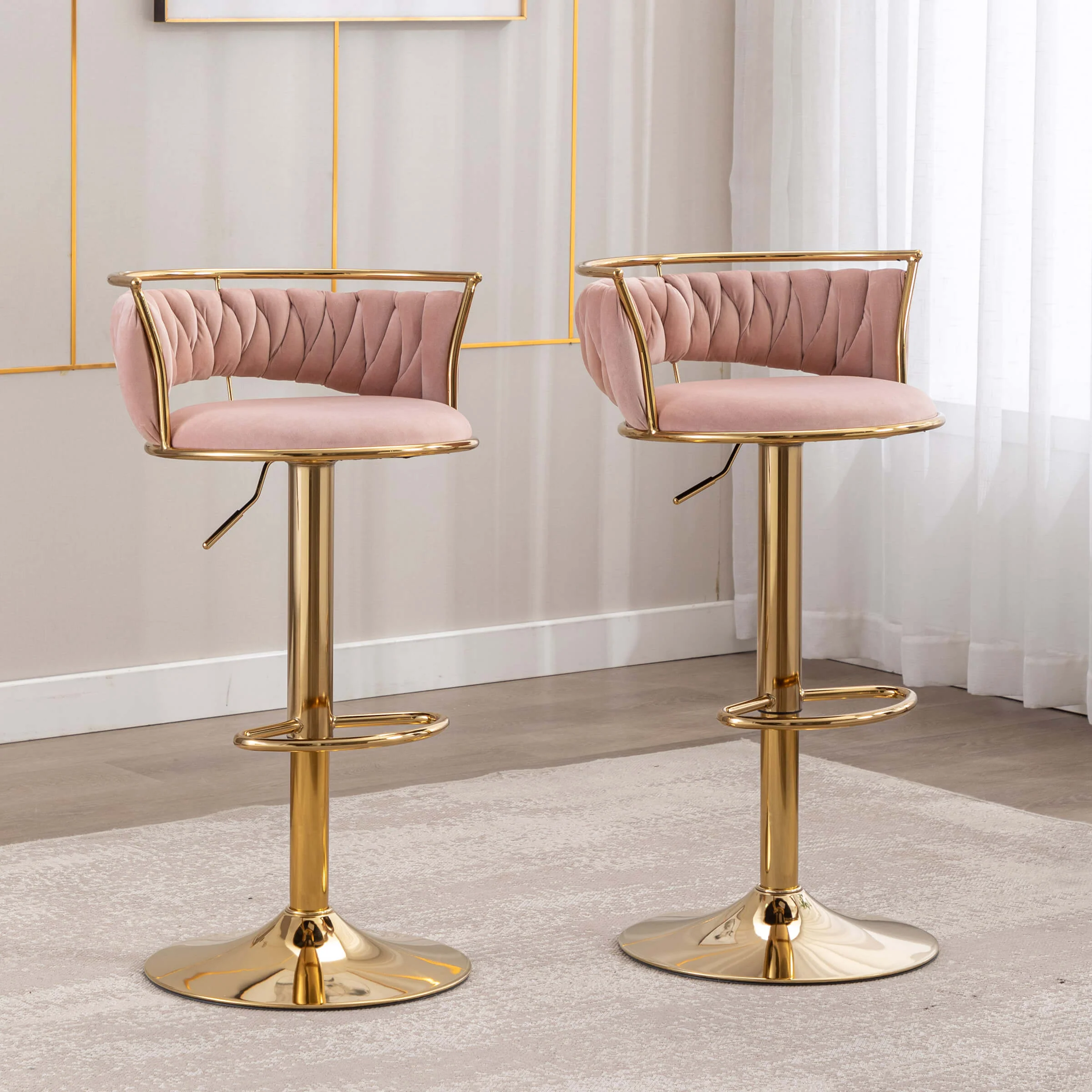 Swivel Adjustable Gold Woven Velvet Bar Stools Set of 2 - 6015AB - Image 22