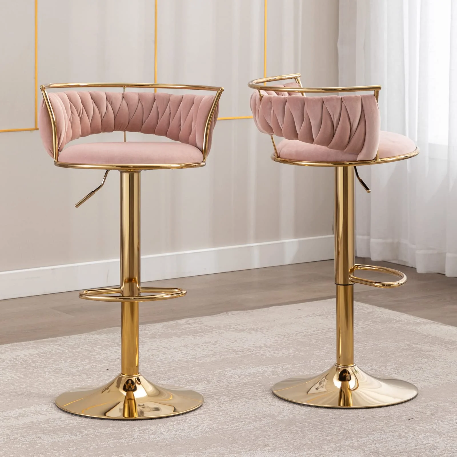 Swivel Adjustable Gold Woven Velvet Bar Stools Set of 2 - 6015AB - Image 23