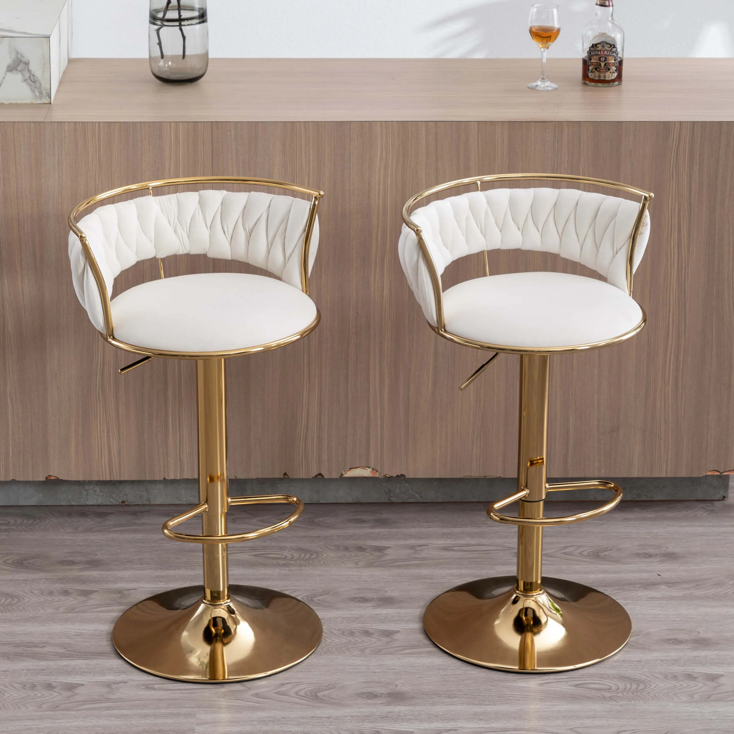 Swivel Adjustable Gold Woven Velvet Bar Stools Set of 2 - 6015AB - Image 28