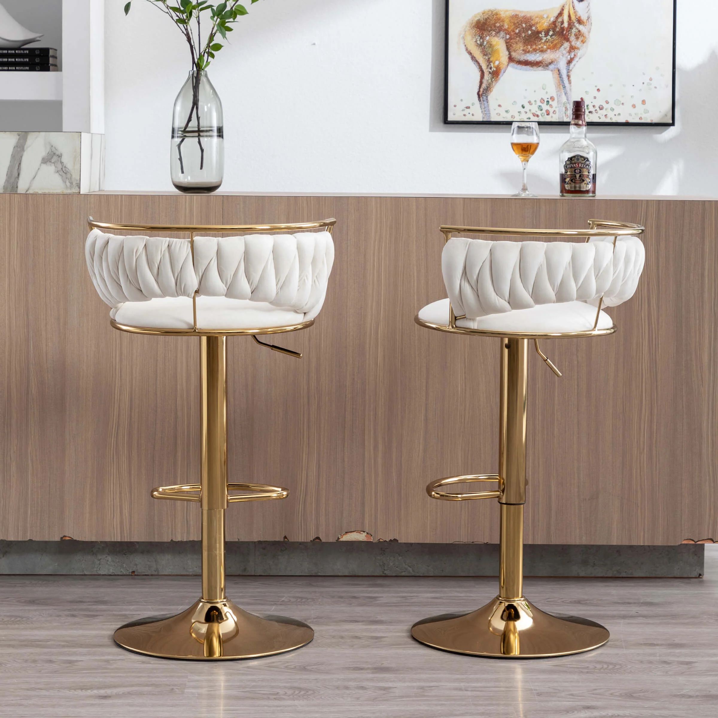 Swivel Adjustable Gold Woven Velvet Bar Stools Set of 2 - 6015AB - Image 29
