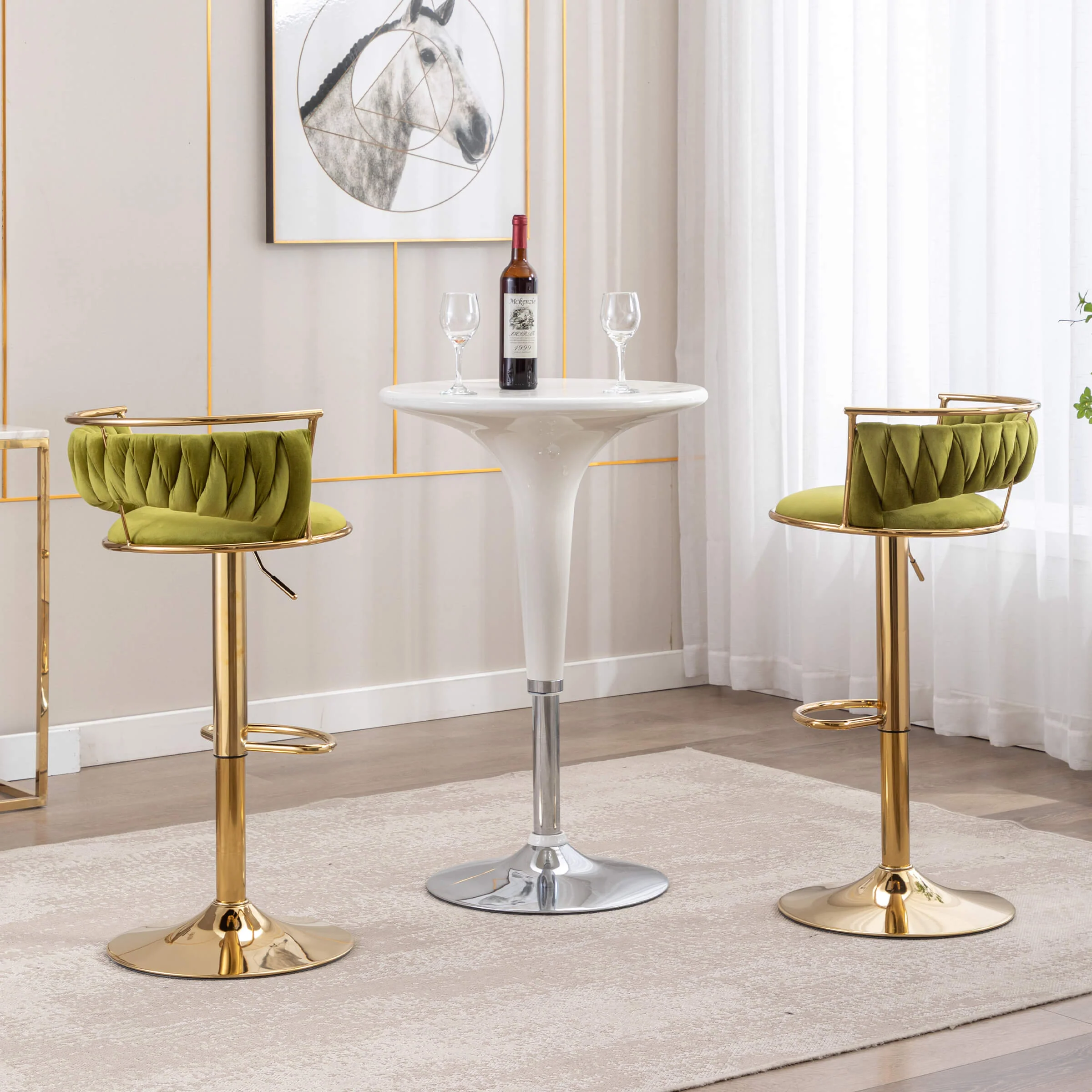 Swivel Adjustable Gold Woven Velvet Bar Stools Set of 2 - 6015AB - Image 3