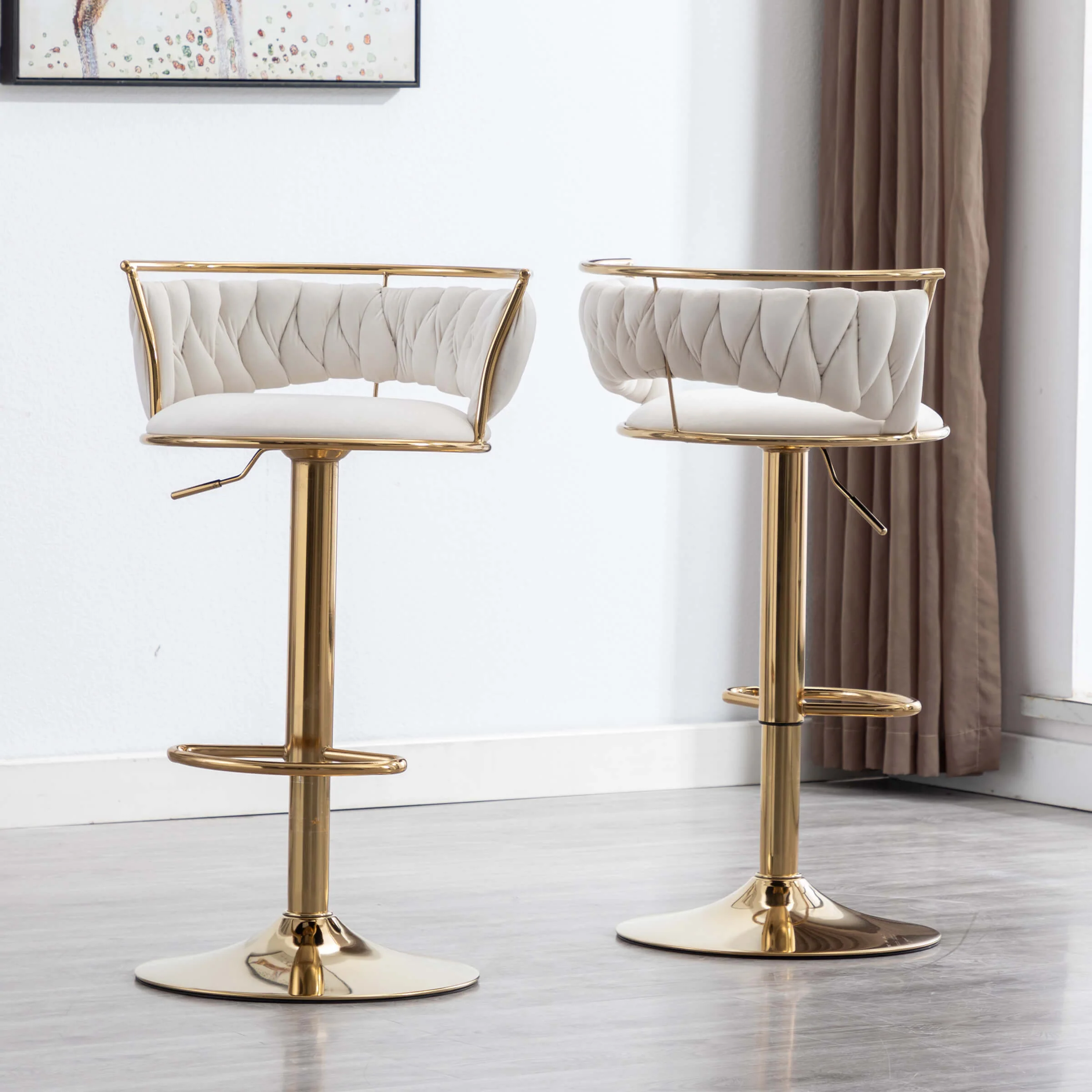 Swivel Adjustable Gold Woven Velvet Bar Stools Set of 2 - 6015AB - Image 30