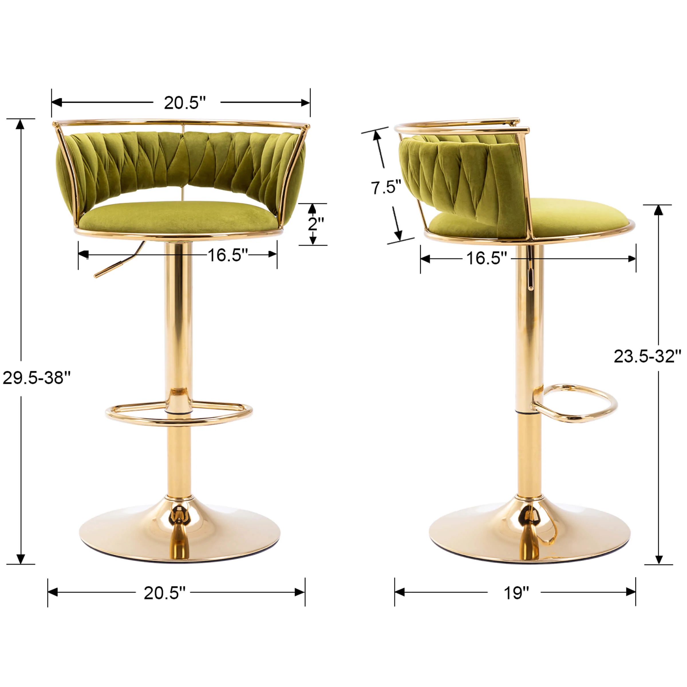 Swivel Adjustable Gold Woven Velvet Bar Stools Set of 2 - 6015AB - Image 8