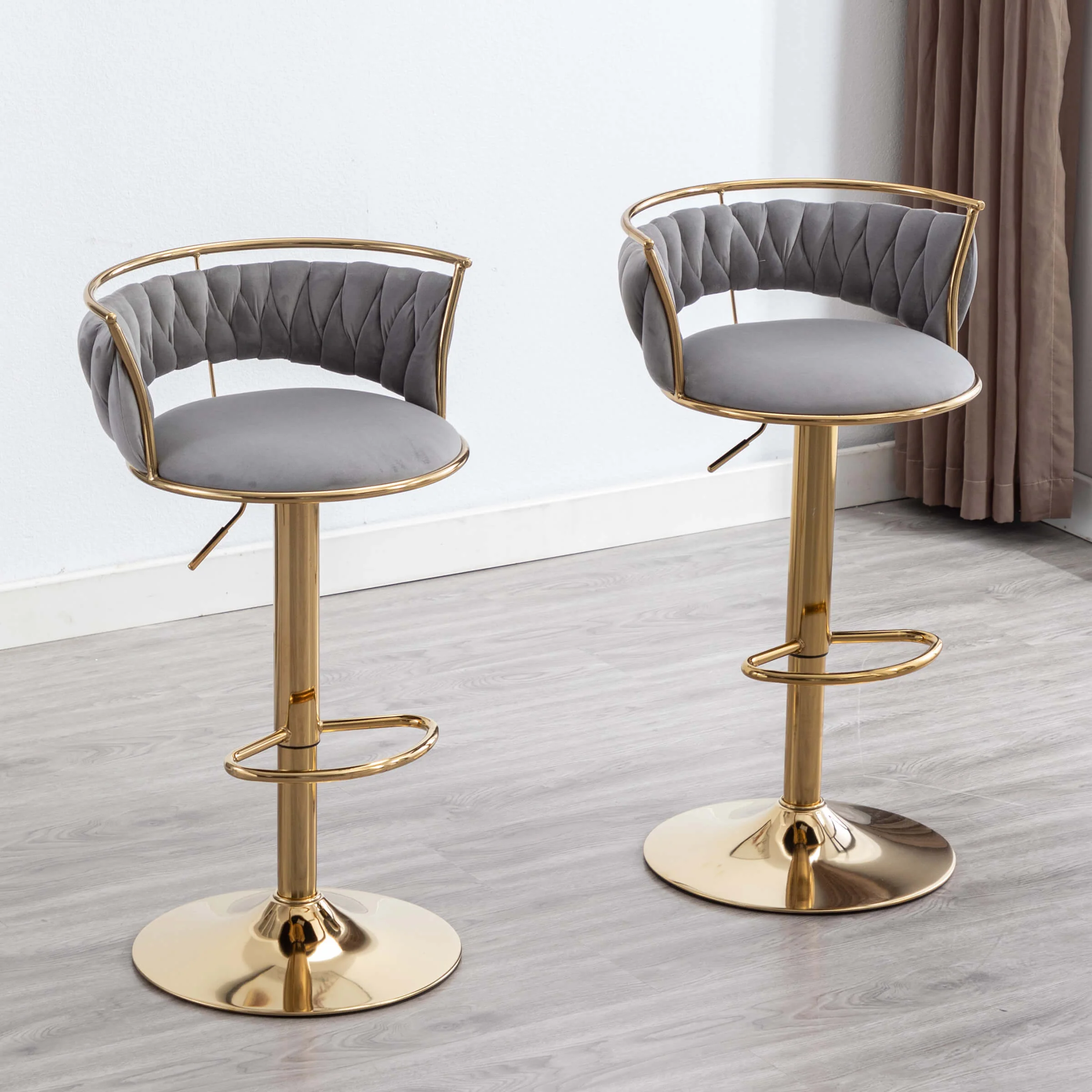 Swivel Adjustable Gold Woven Velvet Bar Stools Set of 2 - 6015AB - Image 9