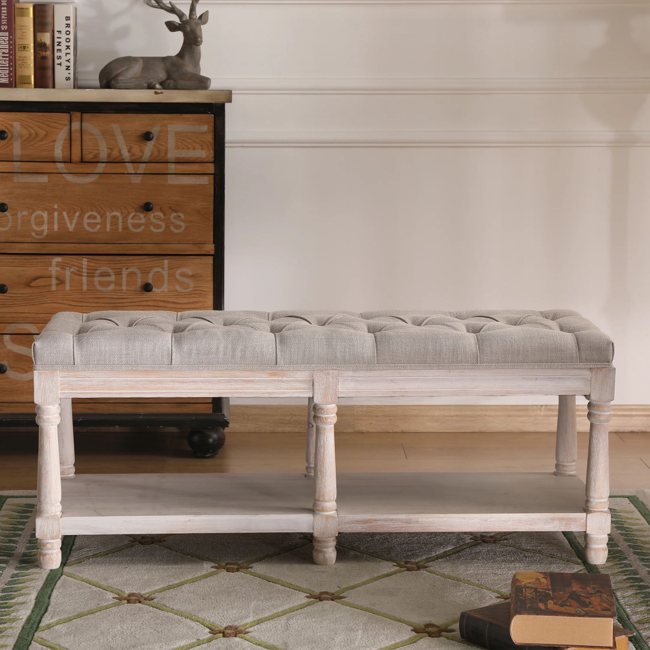 Mid Century Tufted Linen Upholstered Storage Bench - 2204BH - Image 10