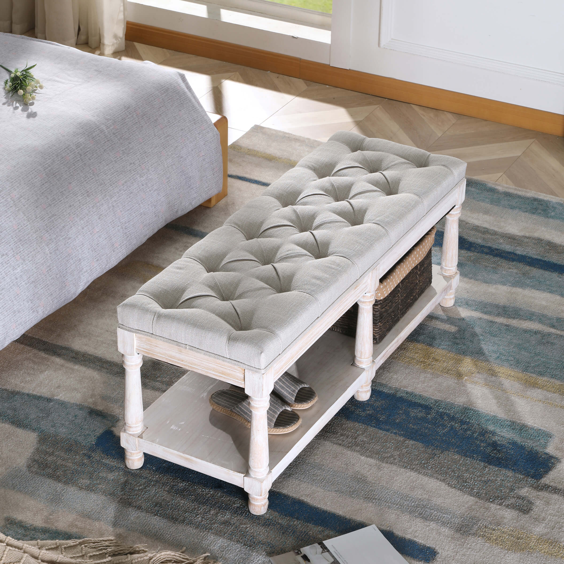 Mid Century Tufted Linen Upholstered Storage Bench - 2204BH - Image 12
