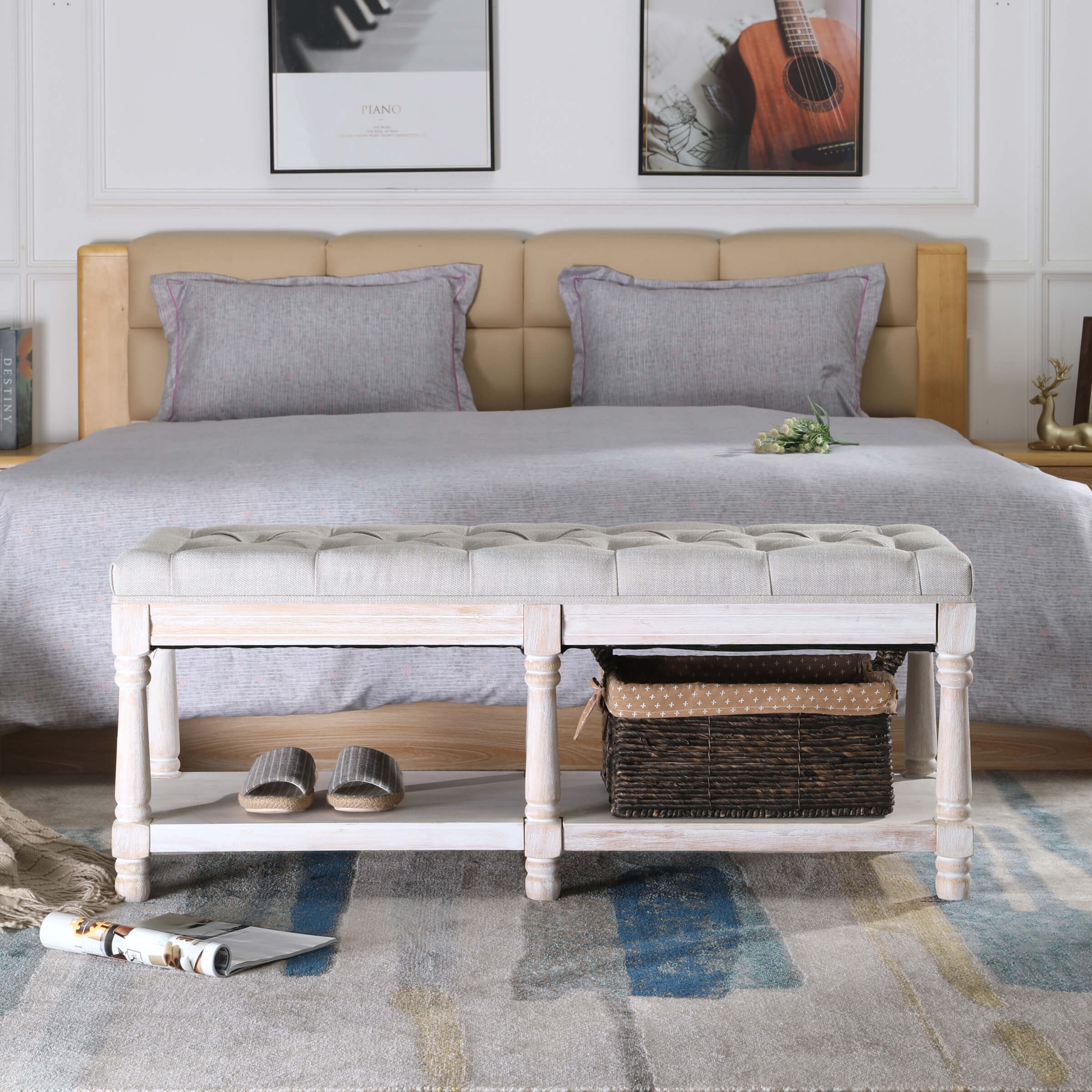 Mid Century Tufted Linen Upholstered Storage Bench - 2204BH - Image 13