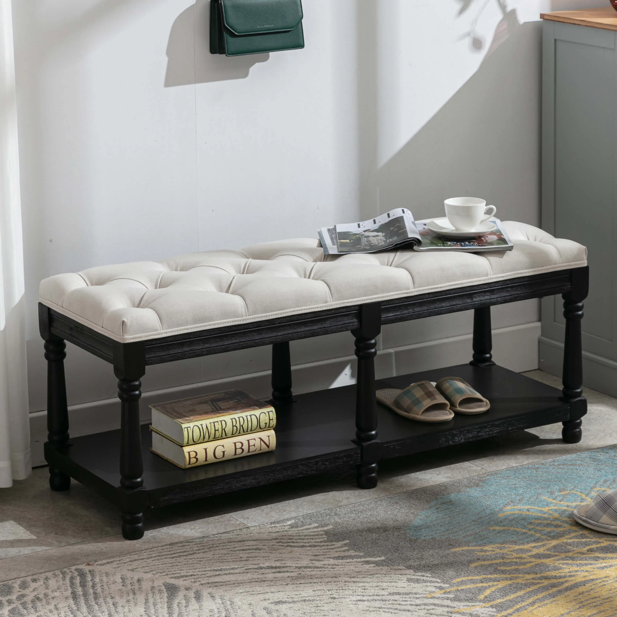 Mid Century Tufted Linen Upholstered Storage Bench - 2204BH - Image 19