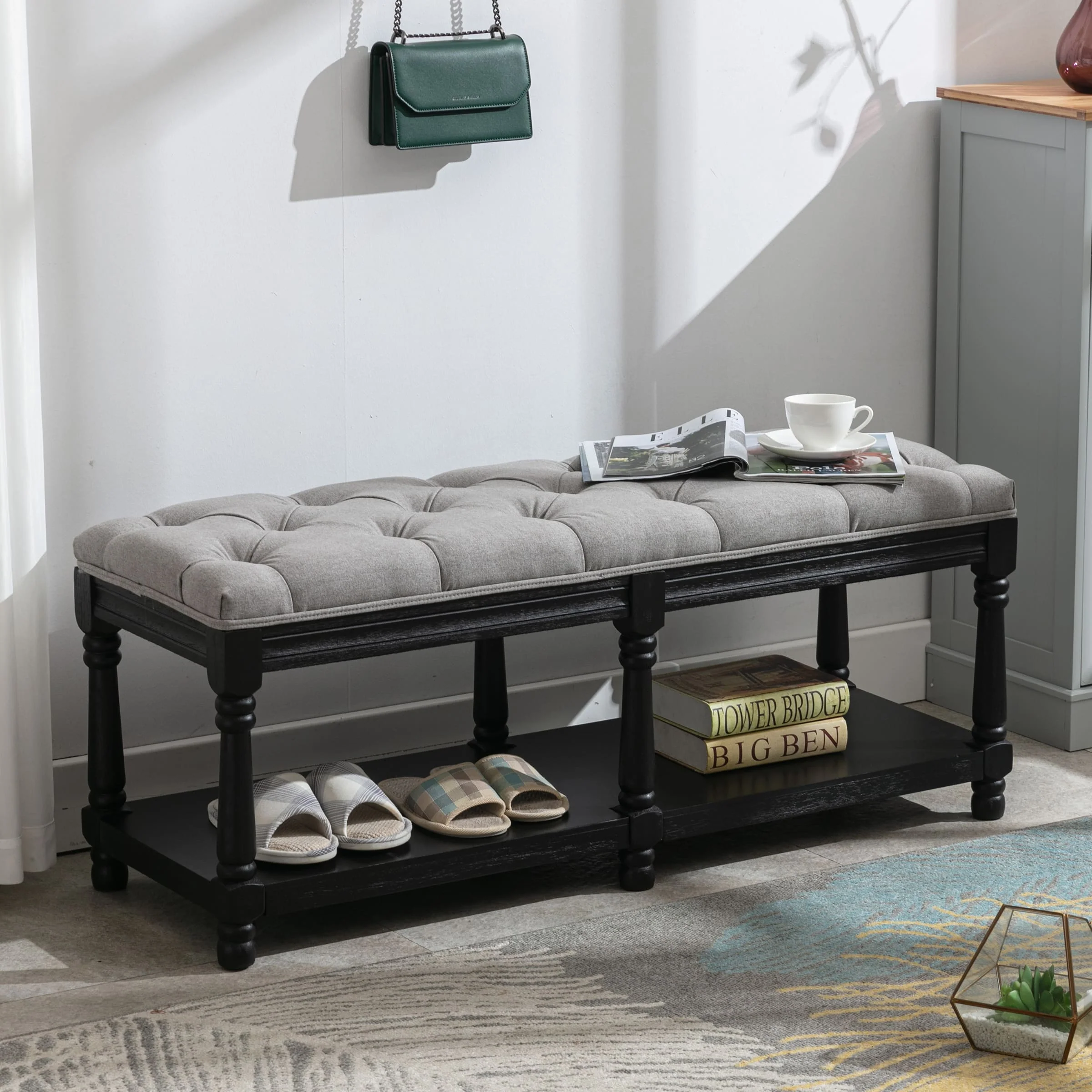 Mid Century Tufted Linen Upholstered Storage Bench - 2204BH - Image 25