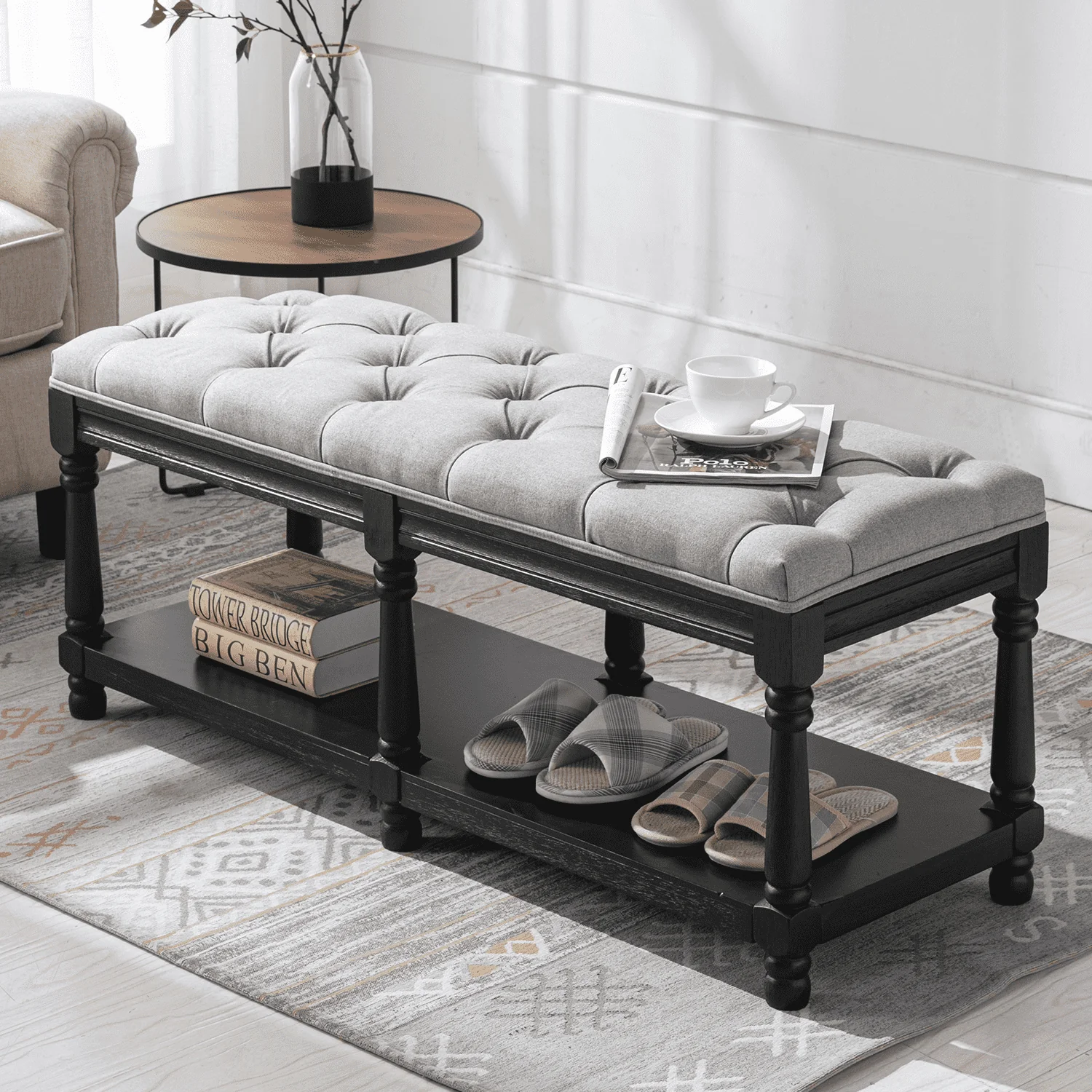 Mid Century Tufted Linen Upholstered Storage Bench - 2204BH - Image 26