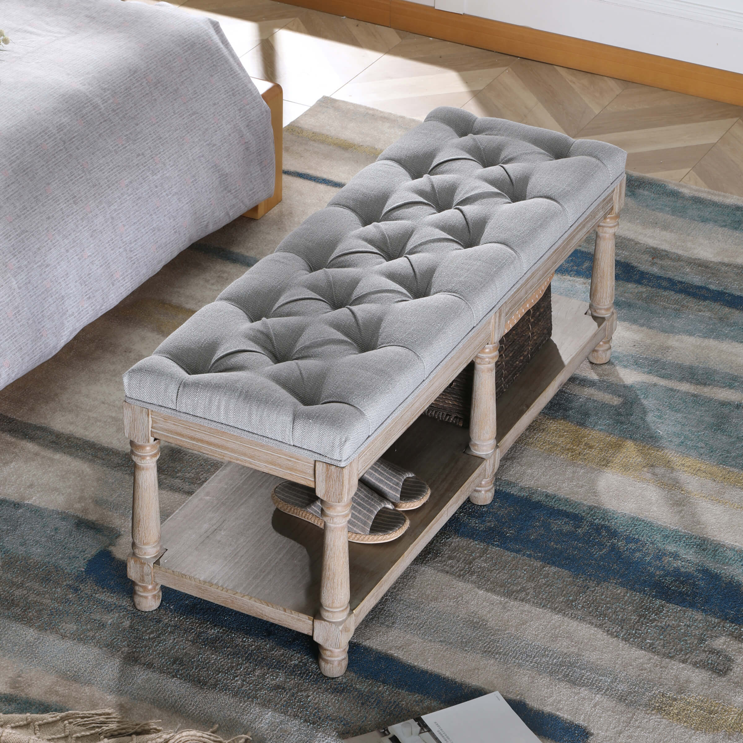 Mid Century Tufted Linen Upholstered Storage Bench - 2204BH - Image 3