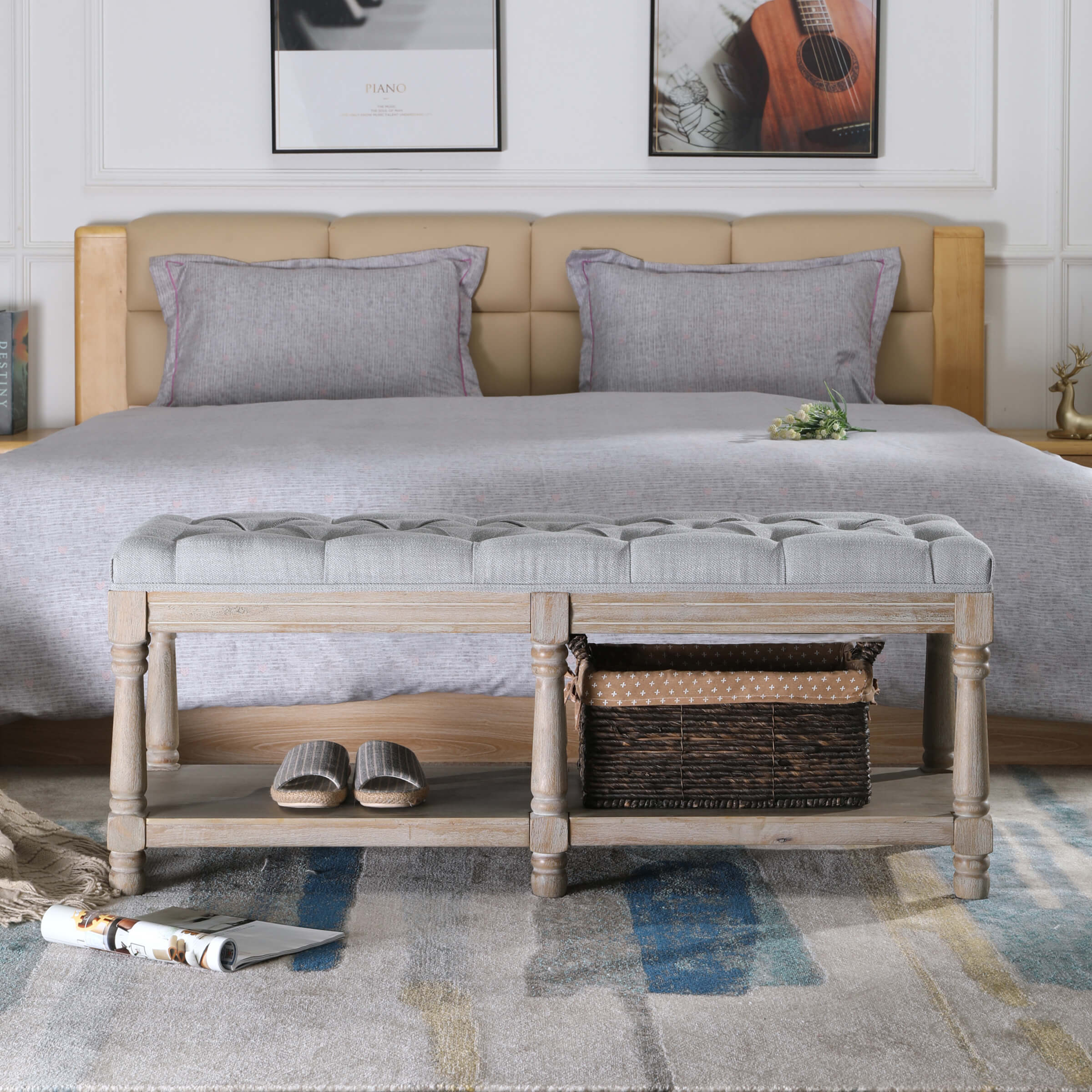Mid Century Tufted Linen Upholstered Storage Bench - 2204BH - Image 4