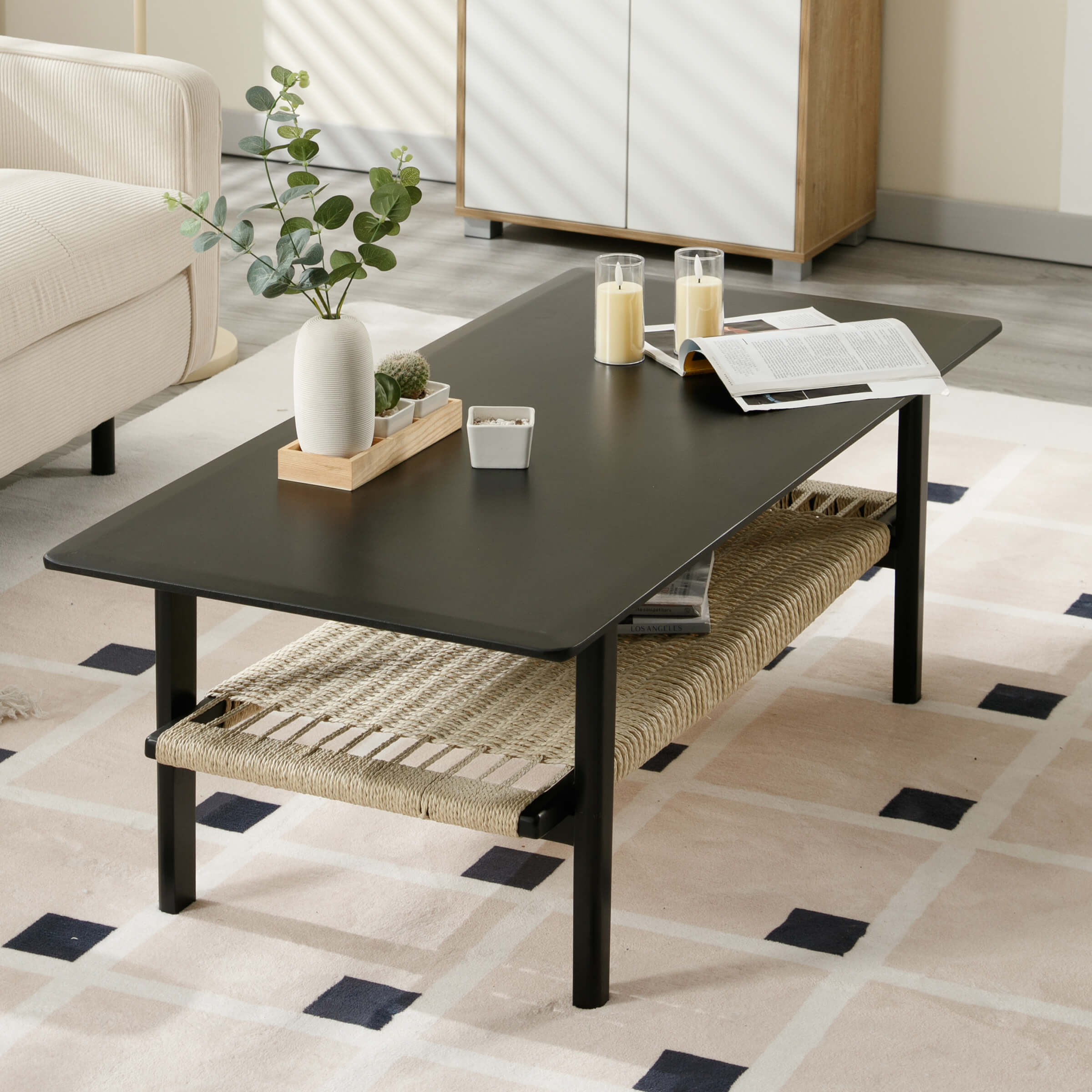 2-Tier Coffee Table with Natural Rattan Storage Shelf - 21793CT - Image 11