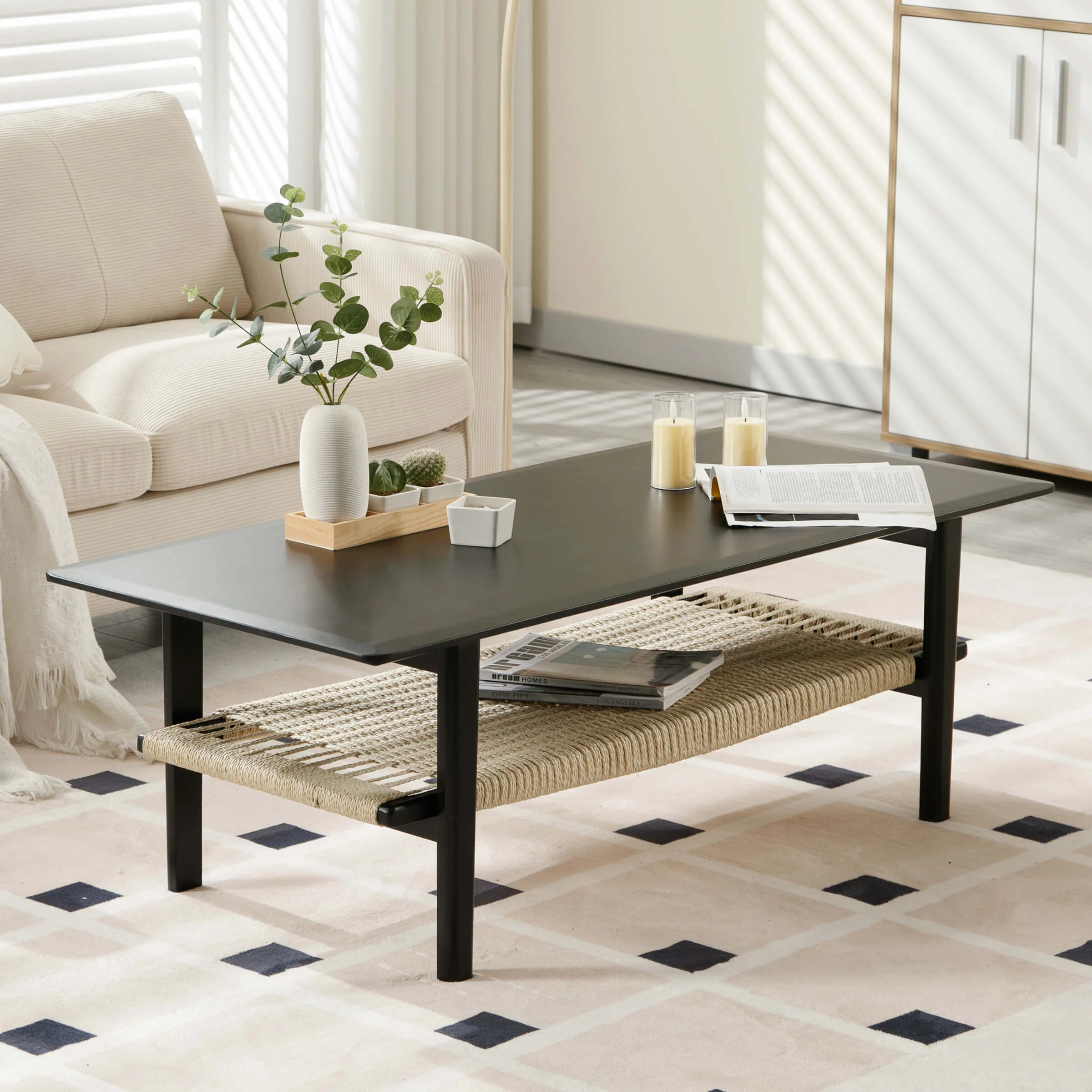2-Tier Coffee Table with Natural Rattan Storage Shelf - 21793CT - Image 12
