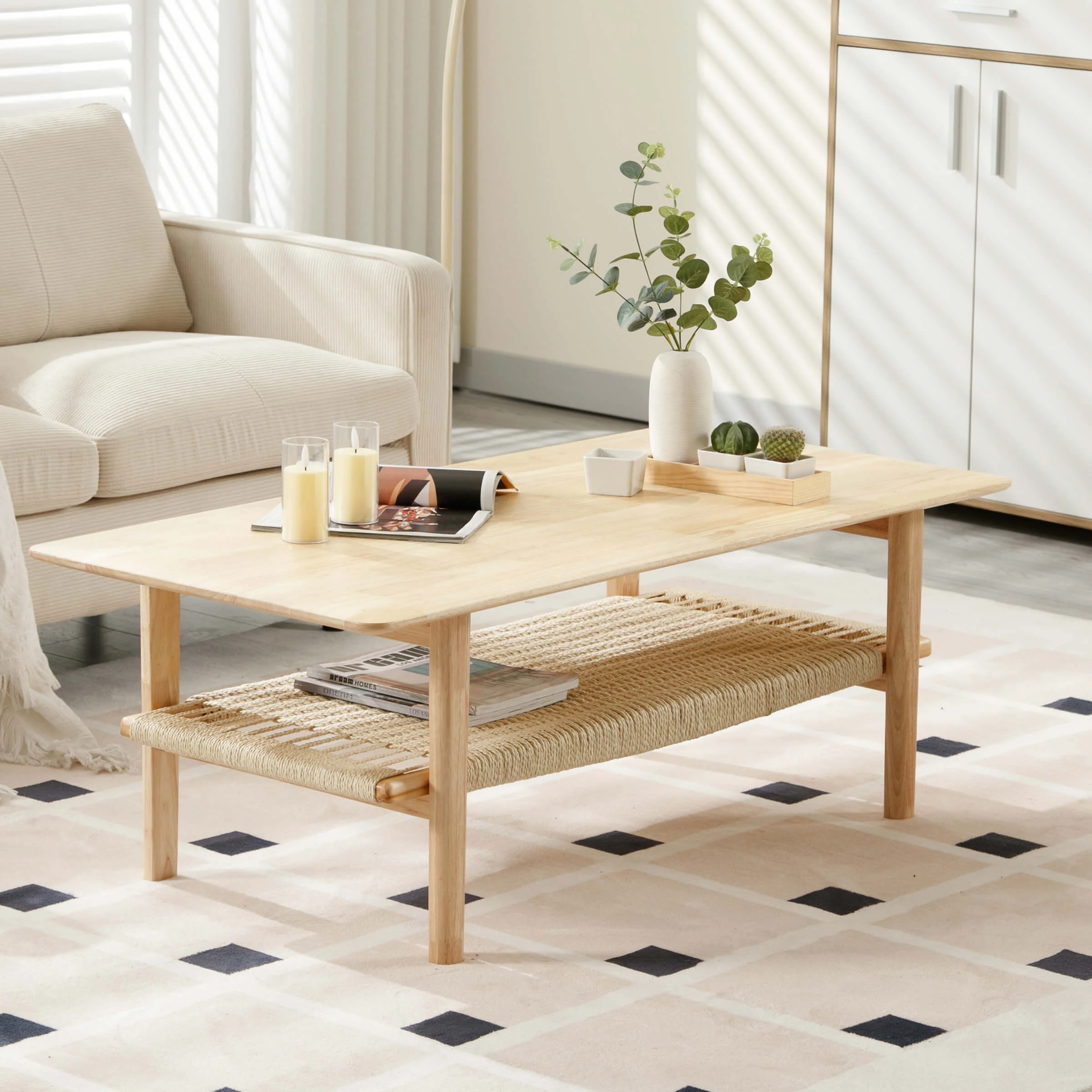 2-Tier Coffee Table with Natural Rattan Storage Shelf - 21793CT - Image 3