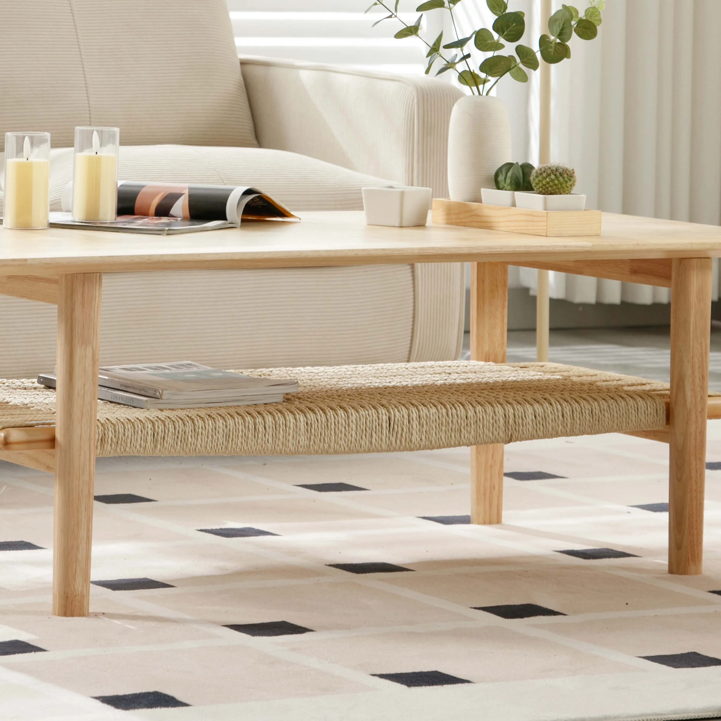 2-Tier Coffee Table with Natural Rattan Storage Shelf - 21793CT - Image 4