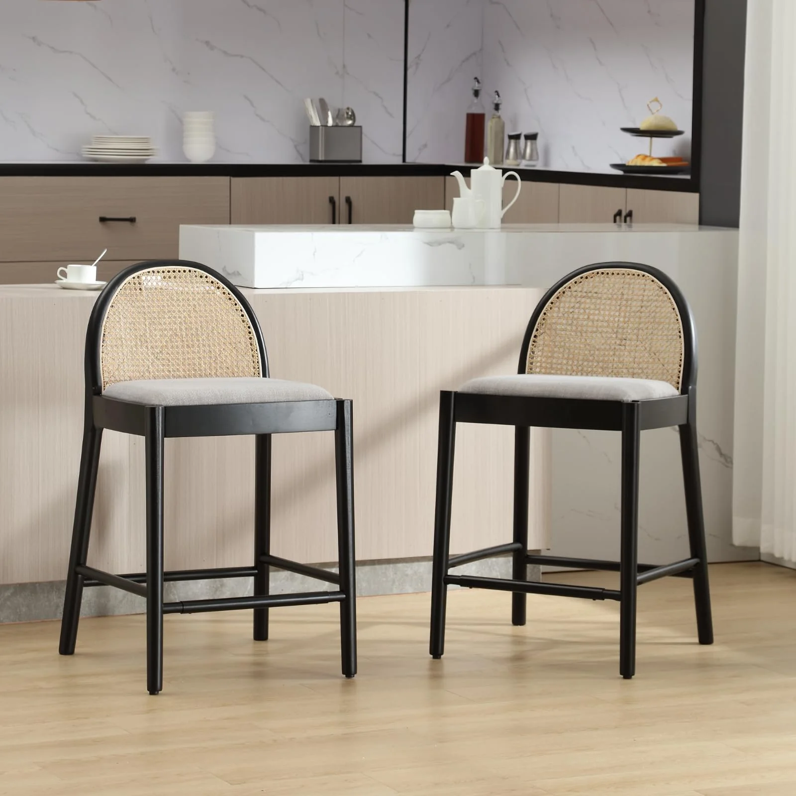 24.4"H Rattan Backrest Wooden Counter Height Stools Set of 2 - 5962CS - Image 11