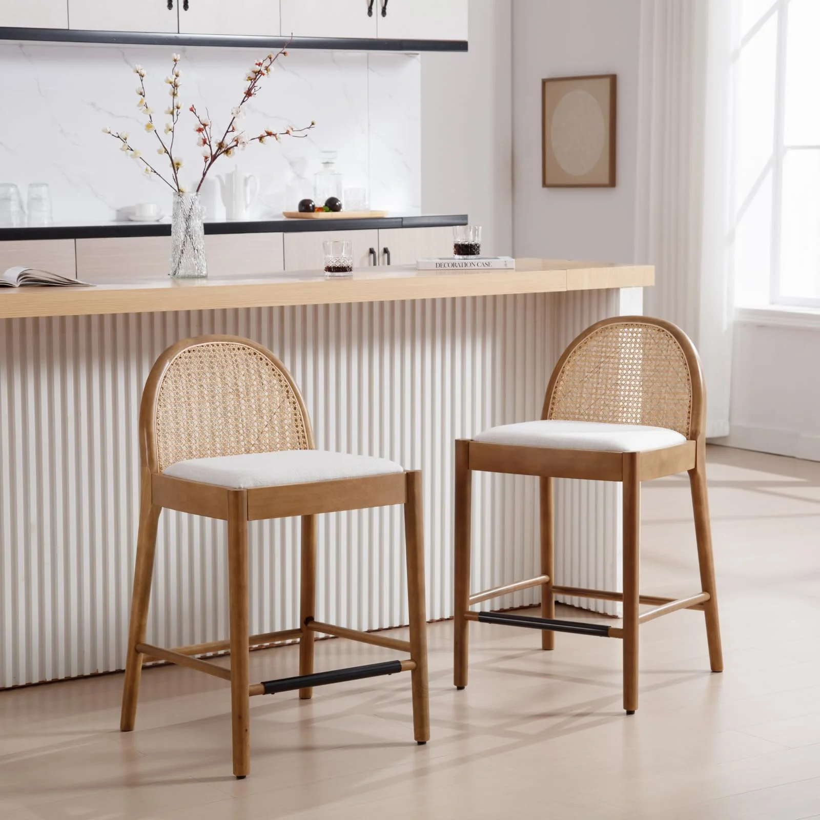 24.4"H Rattan Backrest Wooden Counter Height Stools Set of 2 - 5962CS - Image 3