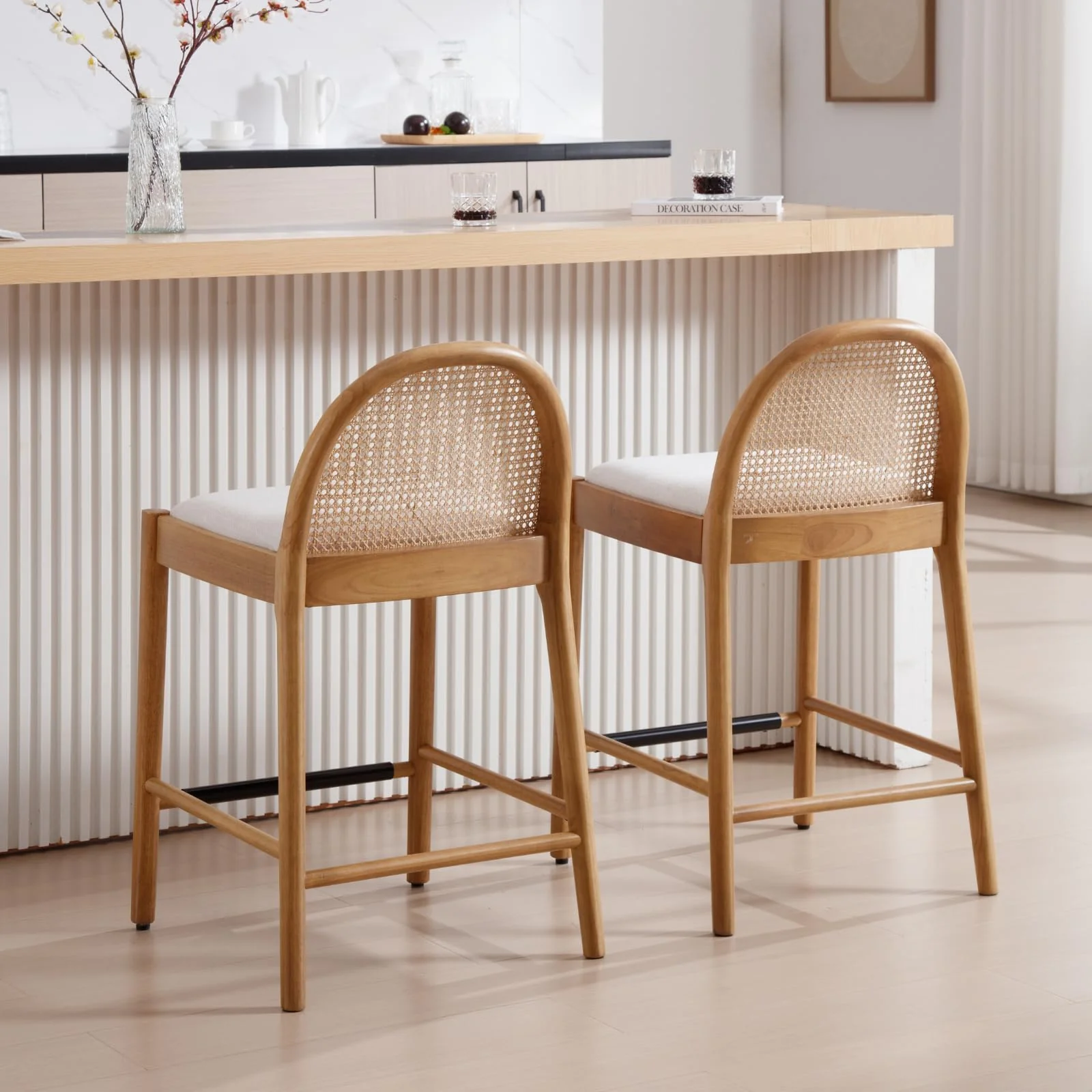 24.4"H Rattan Backrest Wooden Counter Height Stools Set of 2 - 5962CS - Image 5
