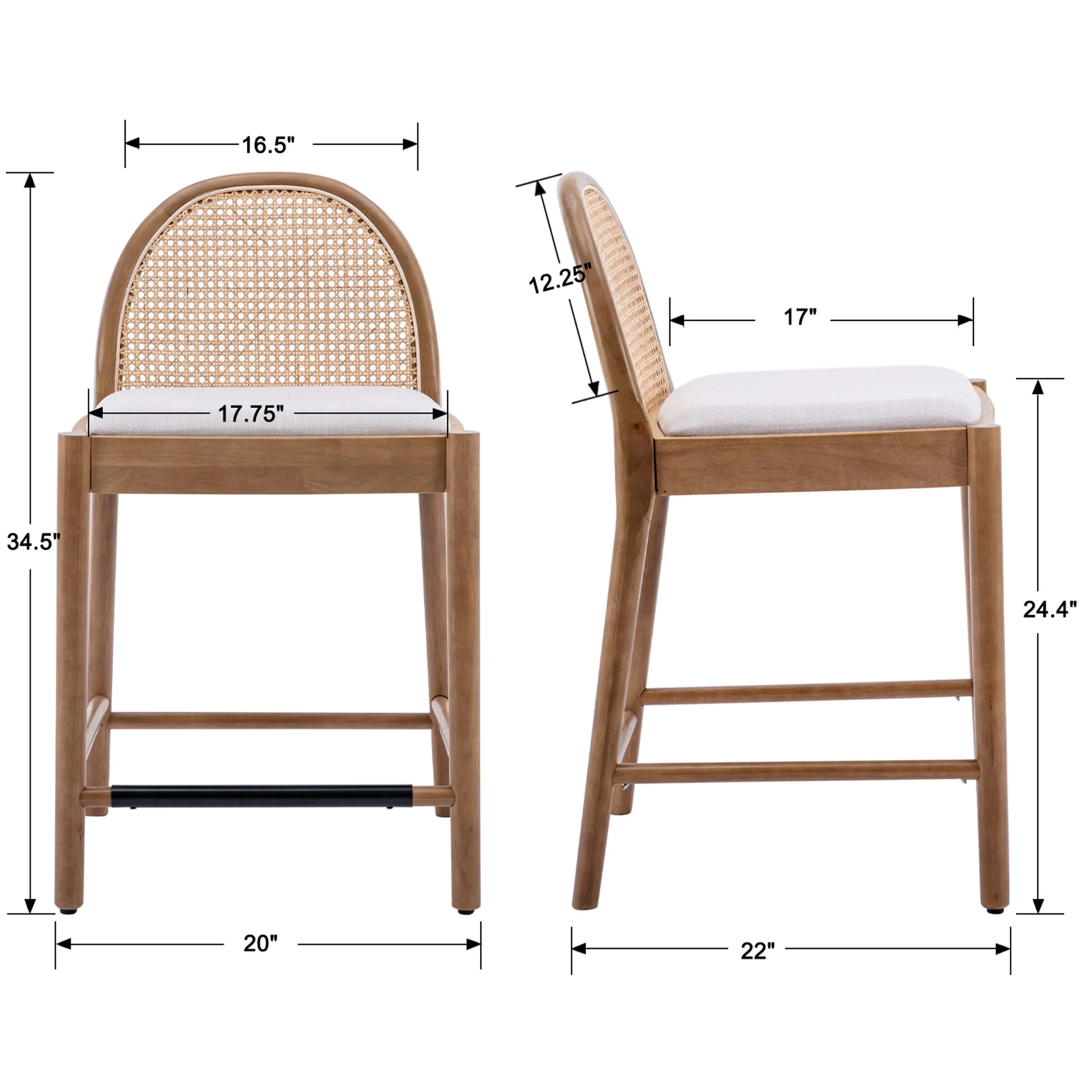 24.4"H Rattan Backrest Wooden Counter Height Stools Set of 2 - 5962CS - Image 9