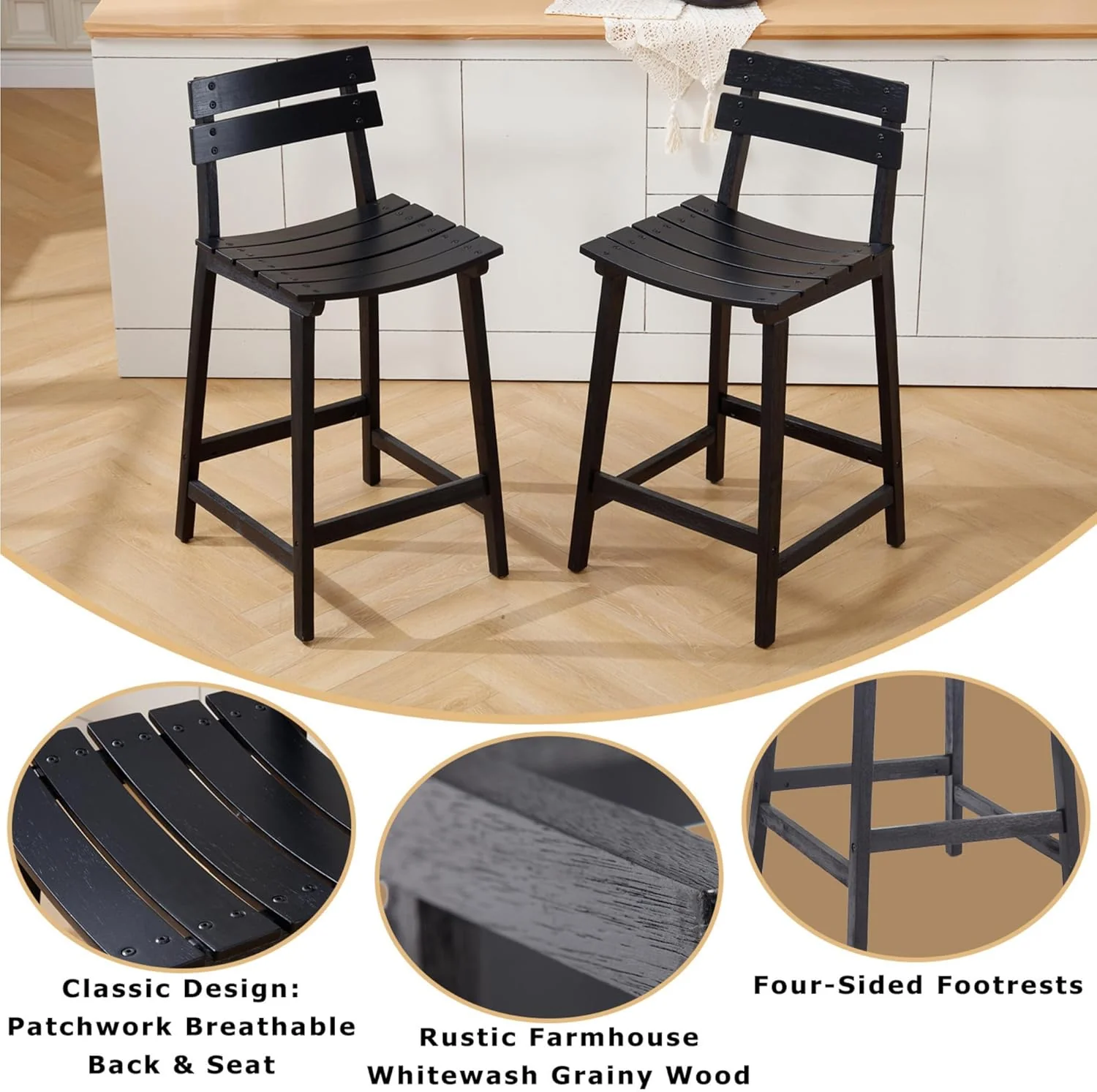 26" H Black Wooden Counter Height Bar Stools Set of 2 - 7064CS - Image 3