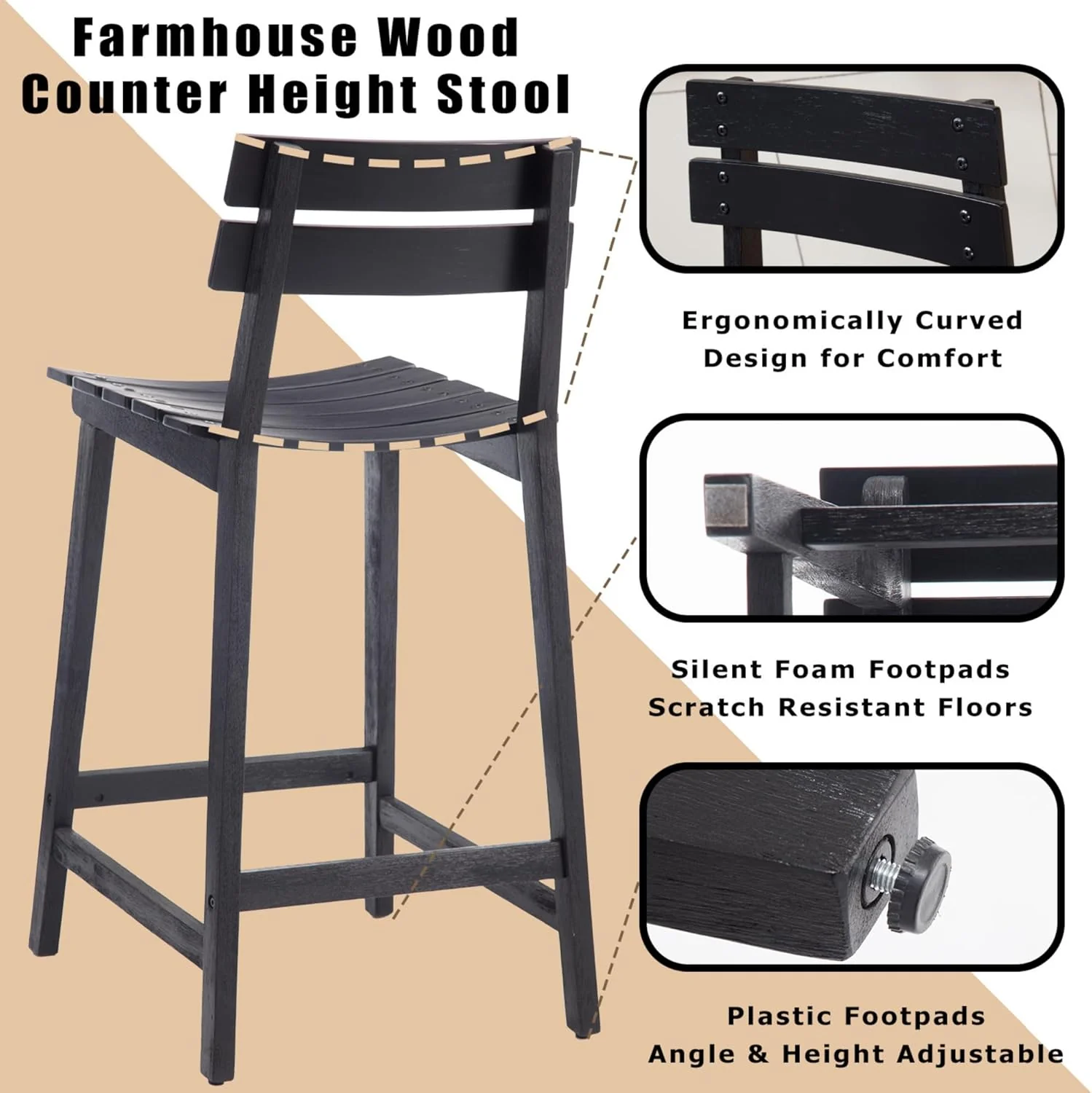 26" H Black Wooden Counter Height Bar Stools Set of 2 - 7064CS - Image 4