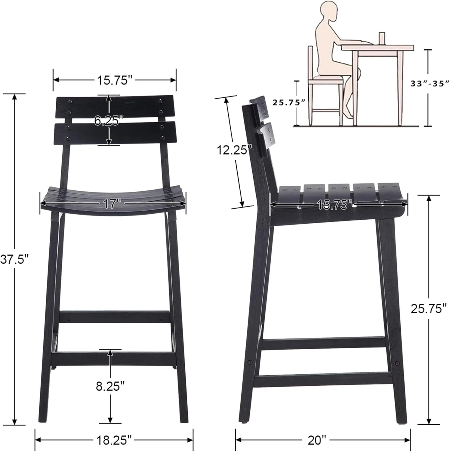 26" H Black Wooden Counter Height Bar Stools Set of 2 - 7064CS - Image 5