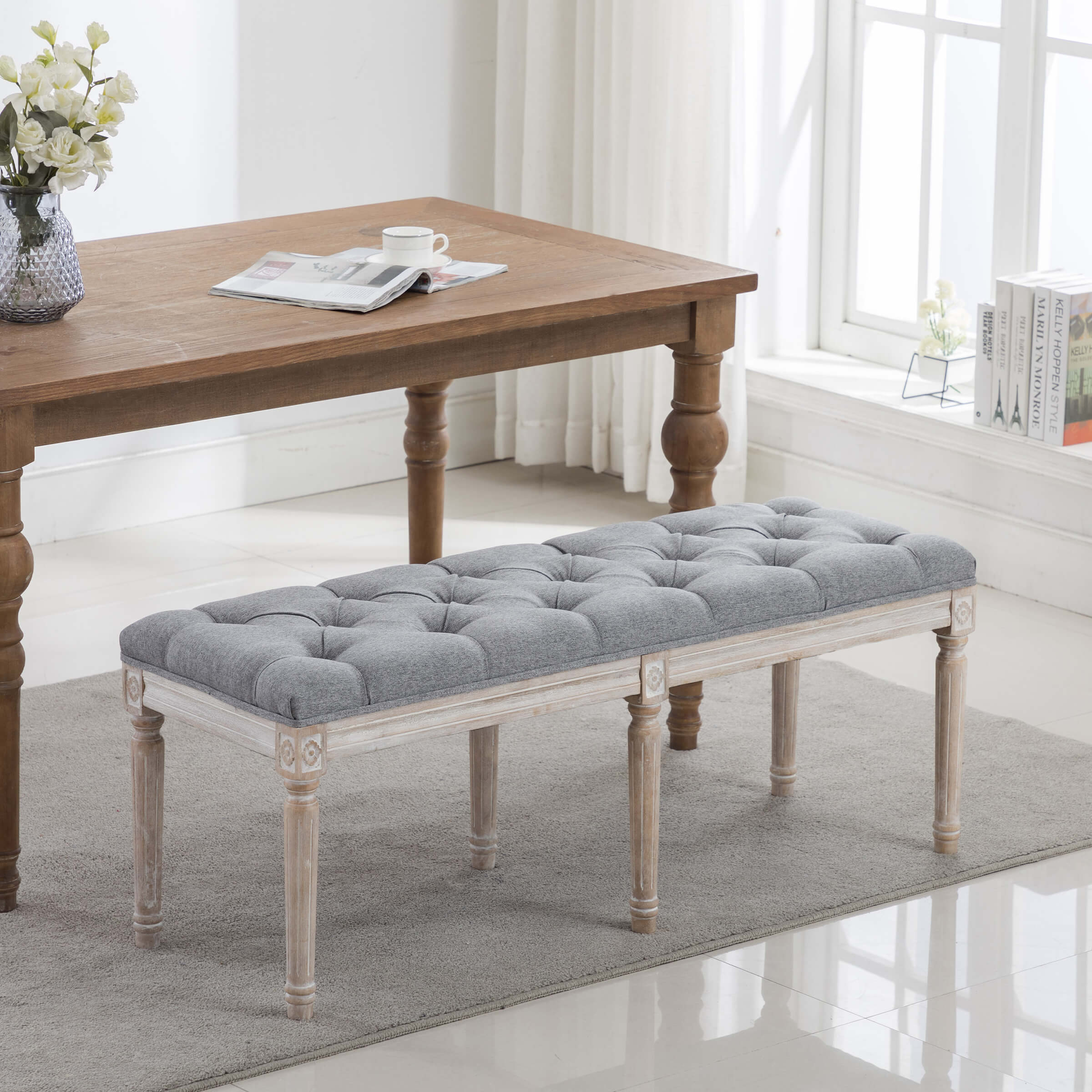 Kmax Fabric Wood Legs Dining Bench - 7537BH - Image 13