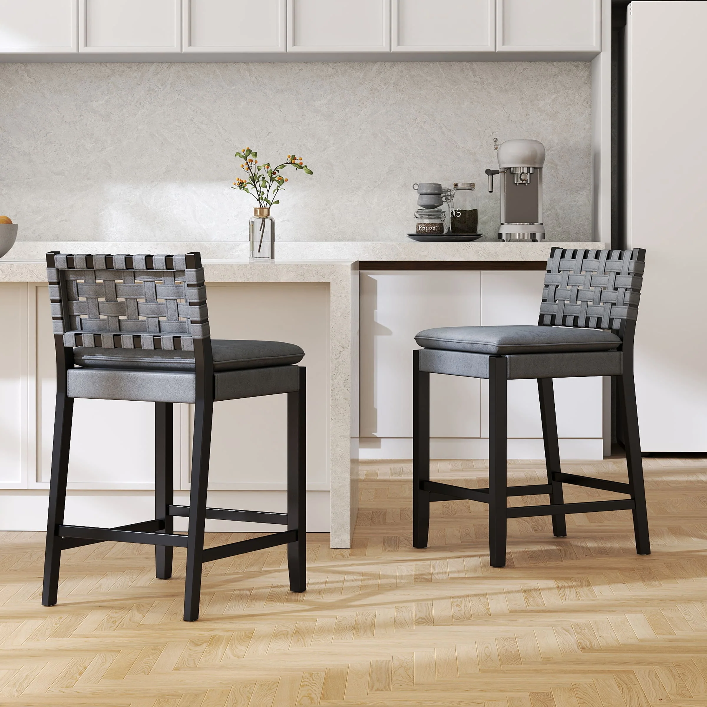 Mid Century Leather Rattan Bar Stools Set of 2 - 50080CS - Image 10