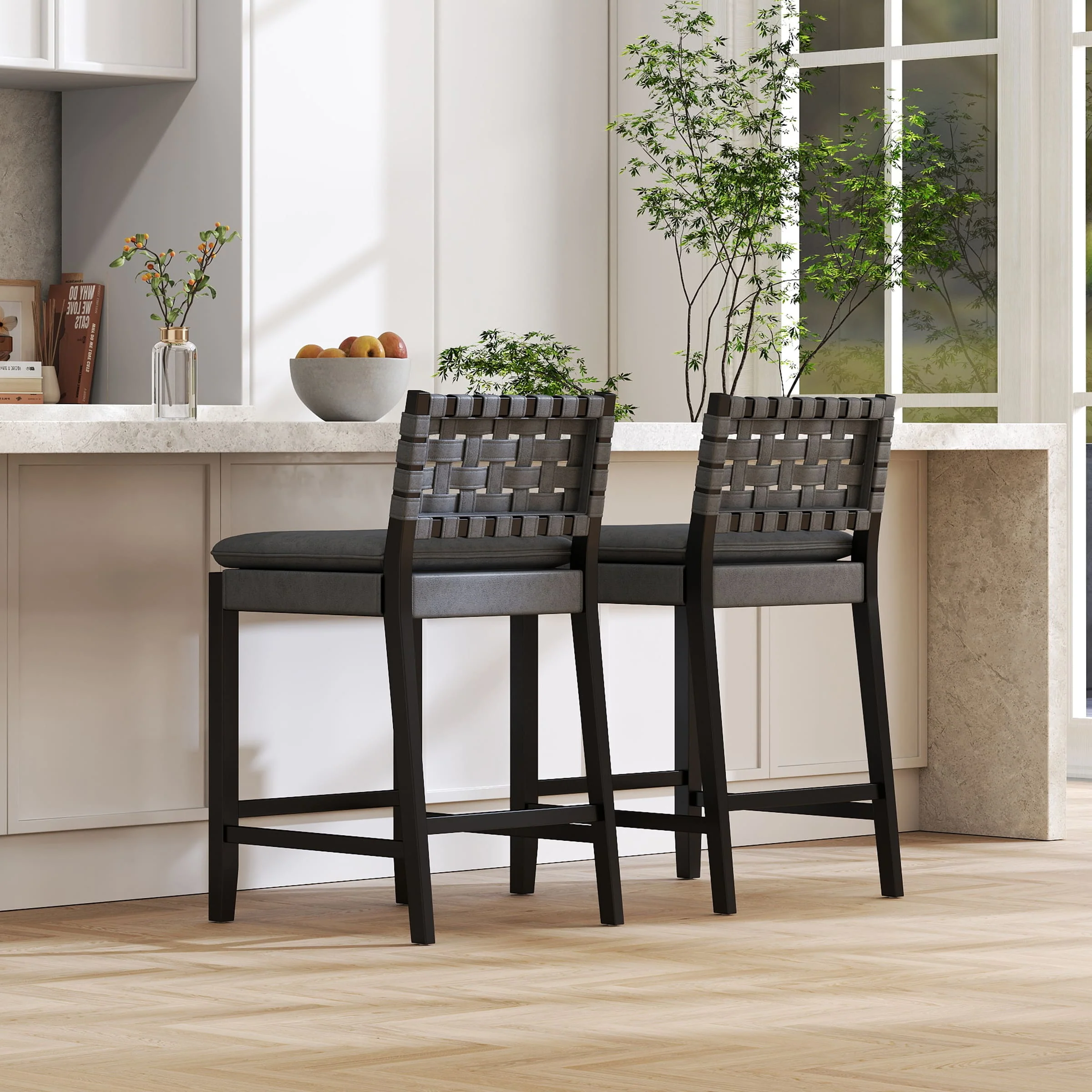 Mid Century Leather Rattan Bar Stools Set of 2 - 50080CS - Image 11