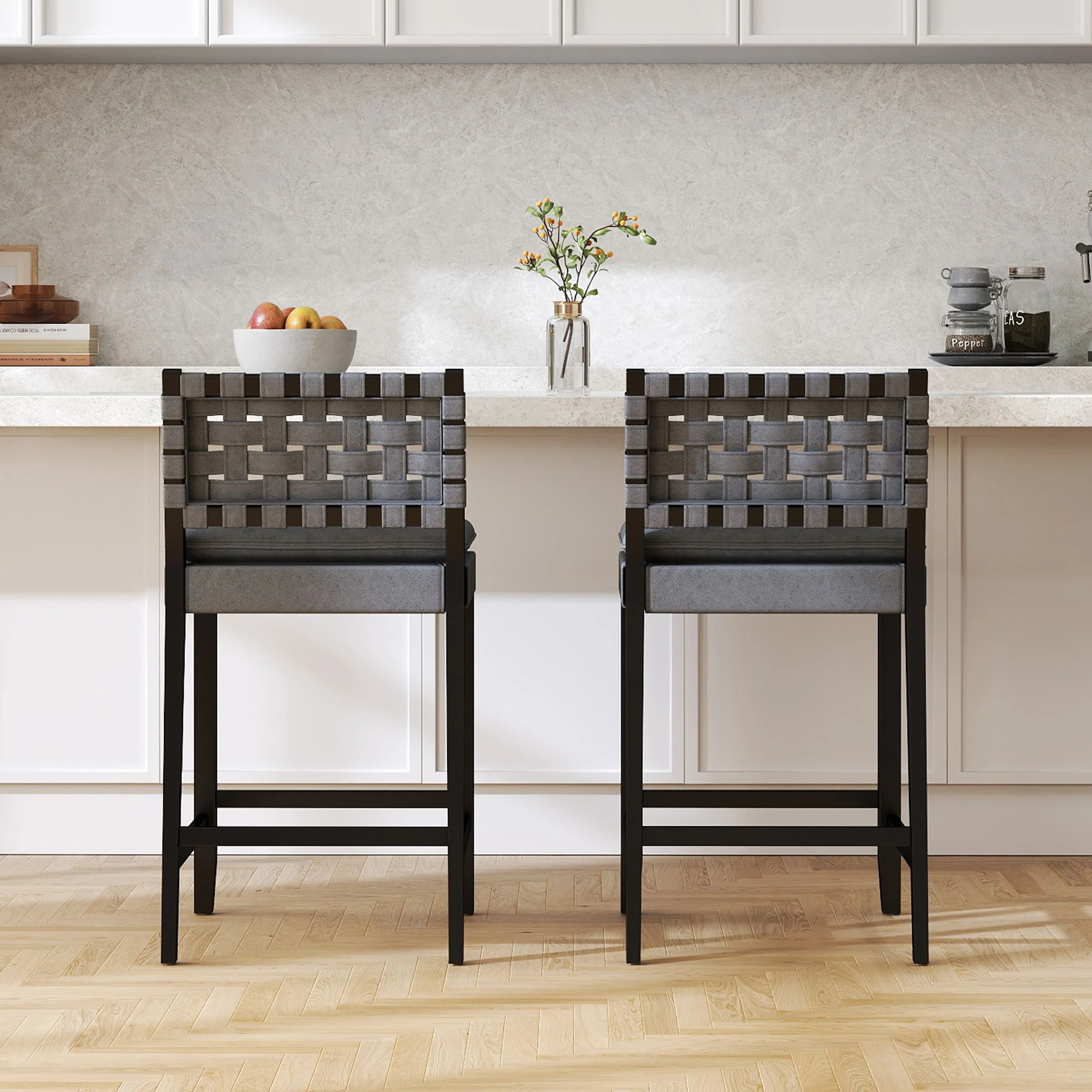 Mid Century Leather Rattan Bar Stools Set of 2 - 50080CS - Image 12