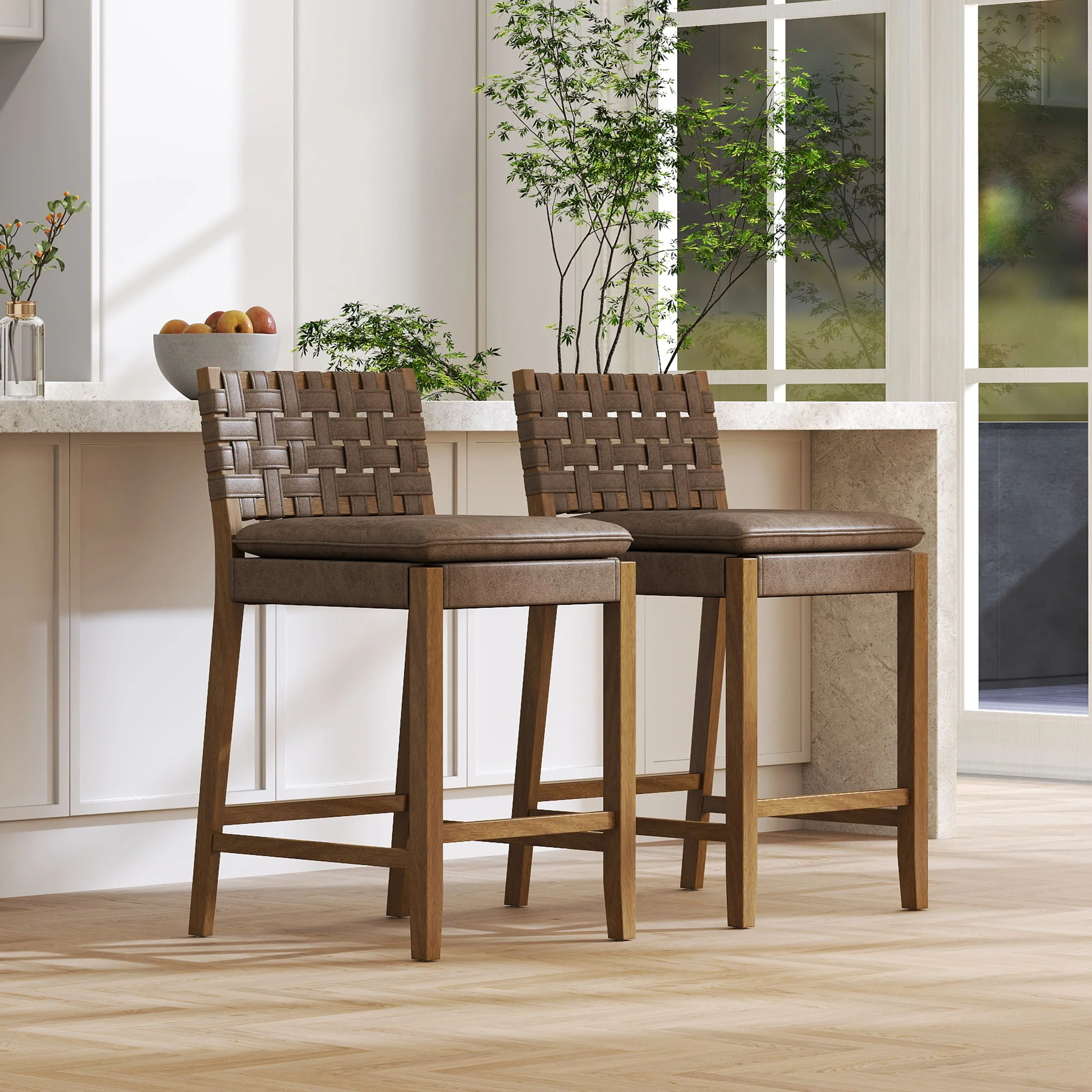 Mid Century Leather Rattan Bar Stools Set of 2 - 50080CS - Image 2