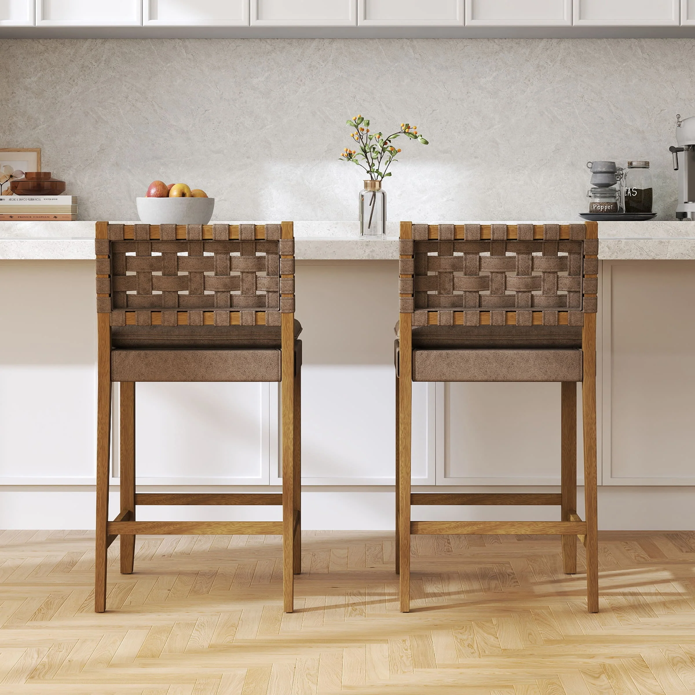 Mid Century Leather Rattan Bar Stools Set of 2 - 50080CS - Image 3