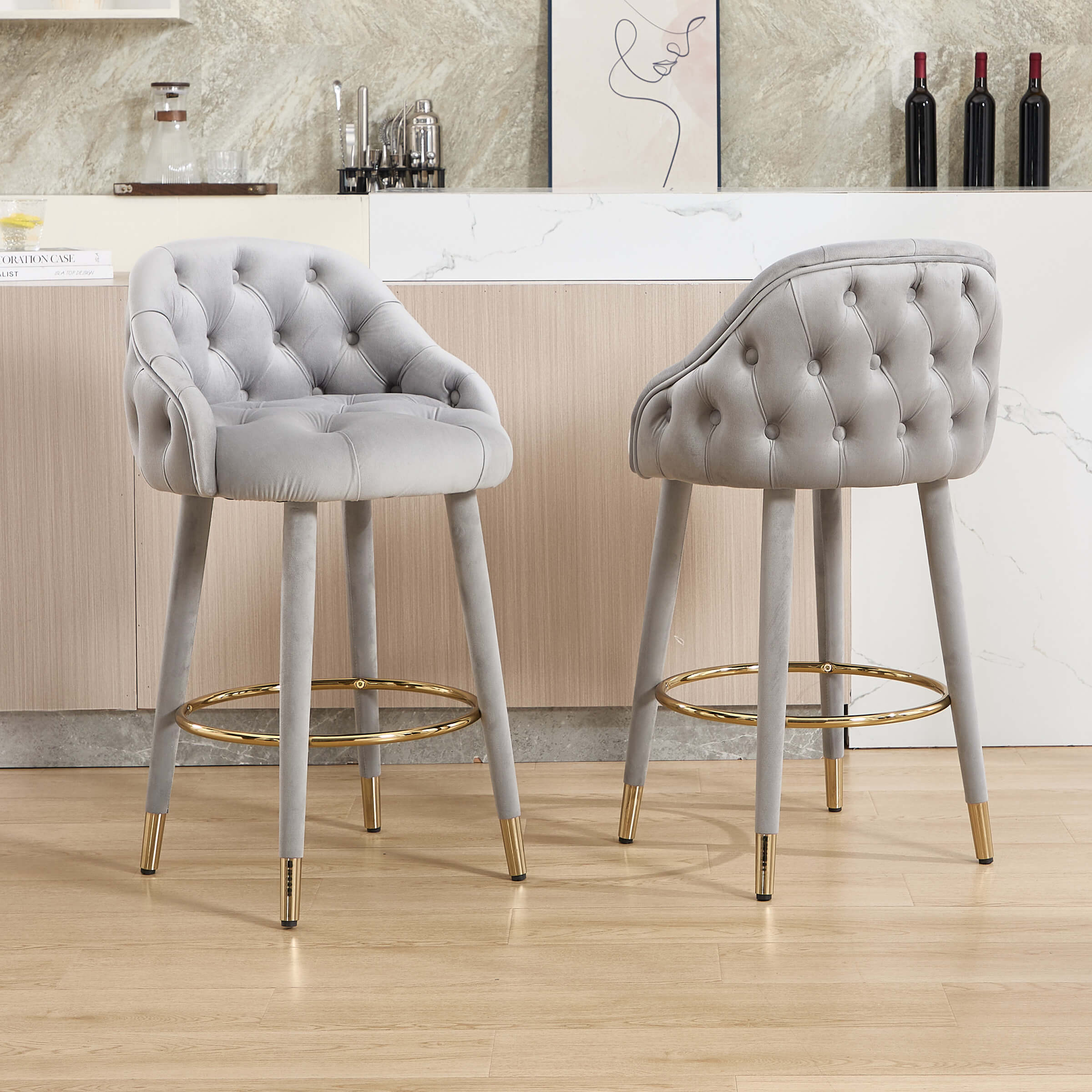Velvet Counter Height Bar Stool with Oak Wood Legs - 2429CS - Image 9