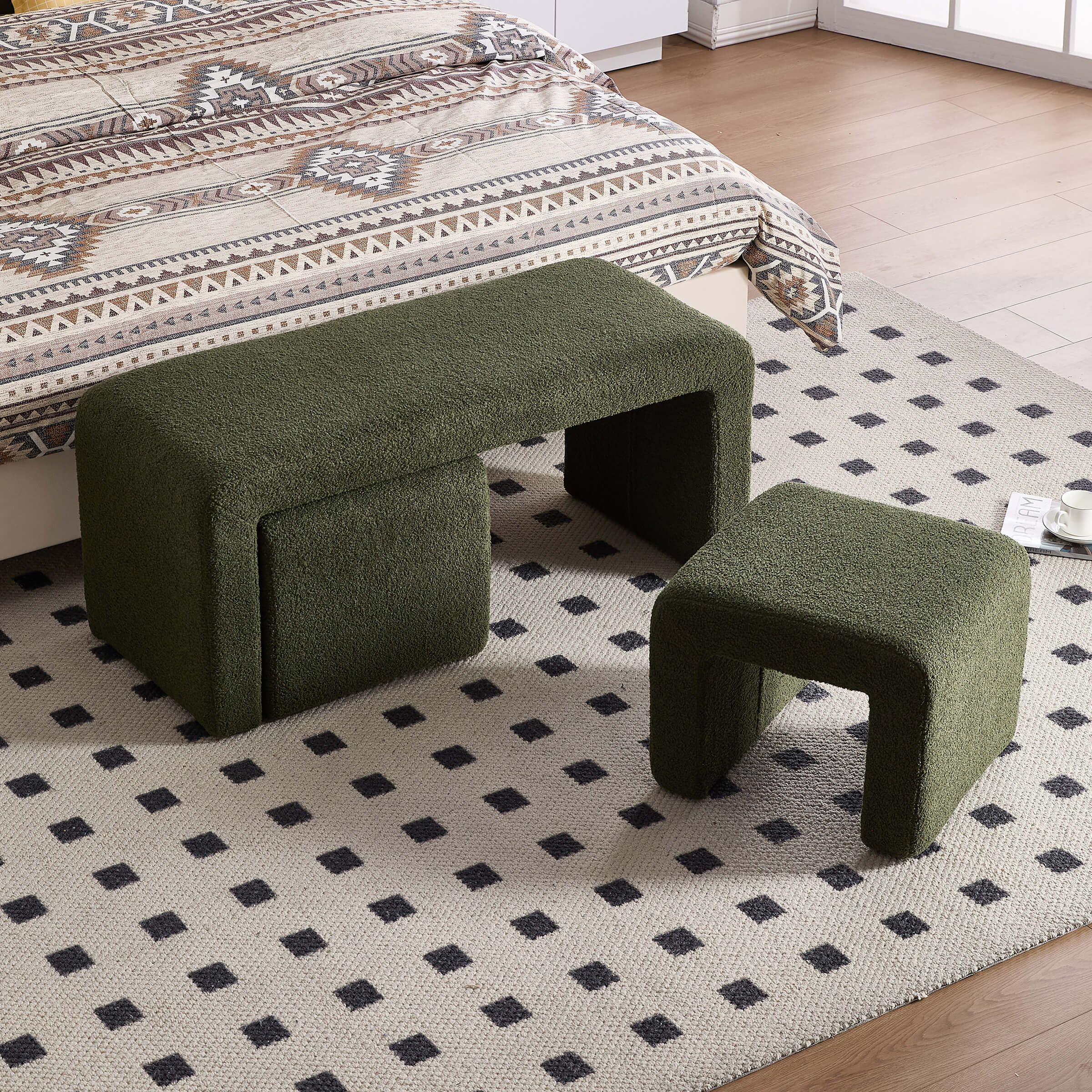 Modern Boucle Bench White Sherpa Ottoman Bench Set of 3 - 1819 - Image 10