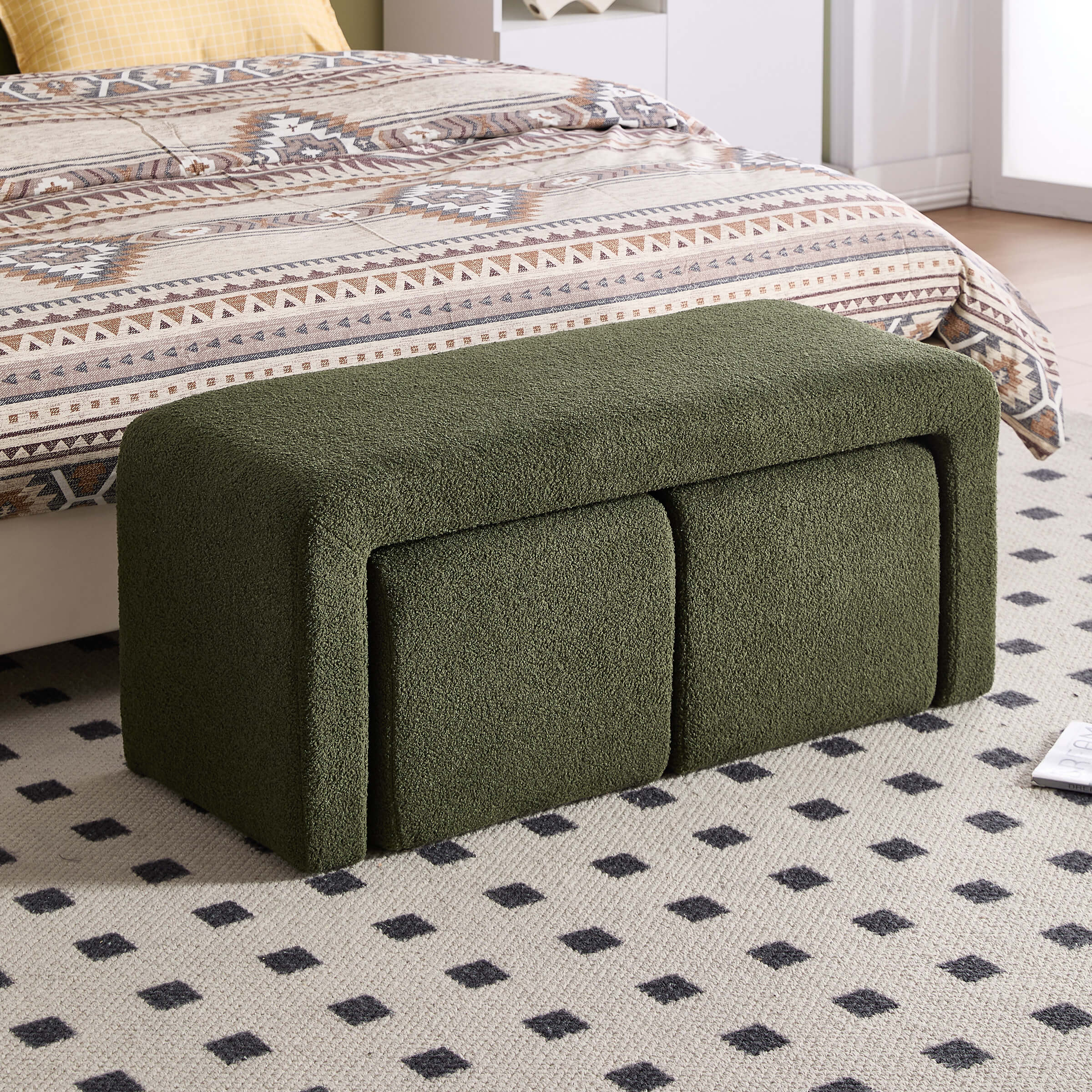 Modern Boucle Bench White Sherpa Ottoman Bench Set of 3 - 1819 - Image 11
