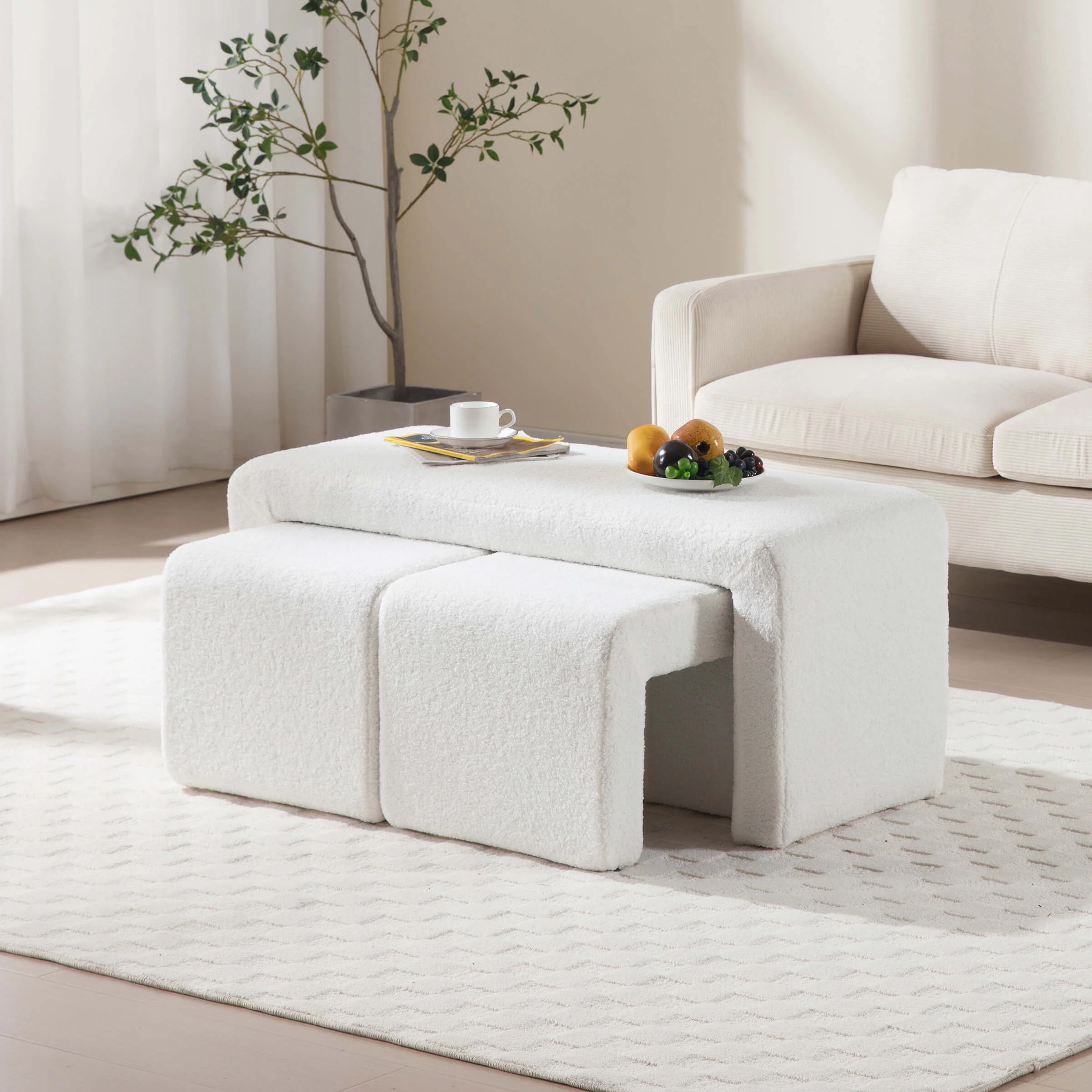 Modern Boucle Bench White Sherpa Ottoman Bench Set of 3 - 1819 - Image 18