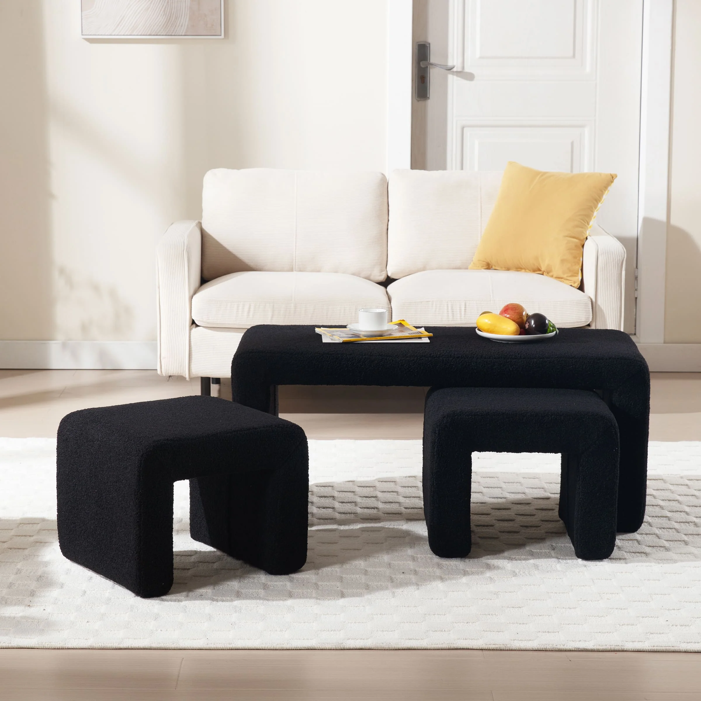 Modern Boucle Bench White Sherpa Ottoman Bench Set of 3 - 1819 - Image 2