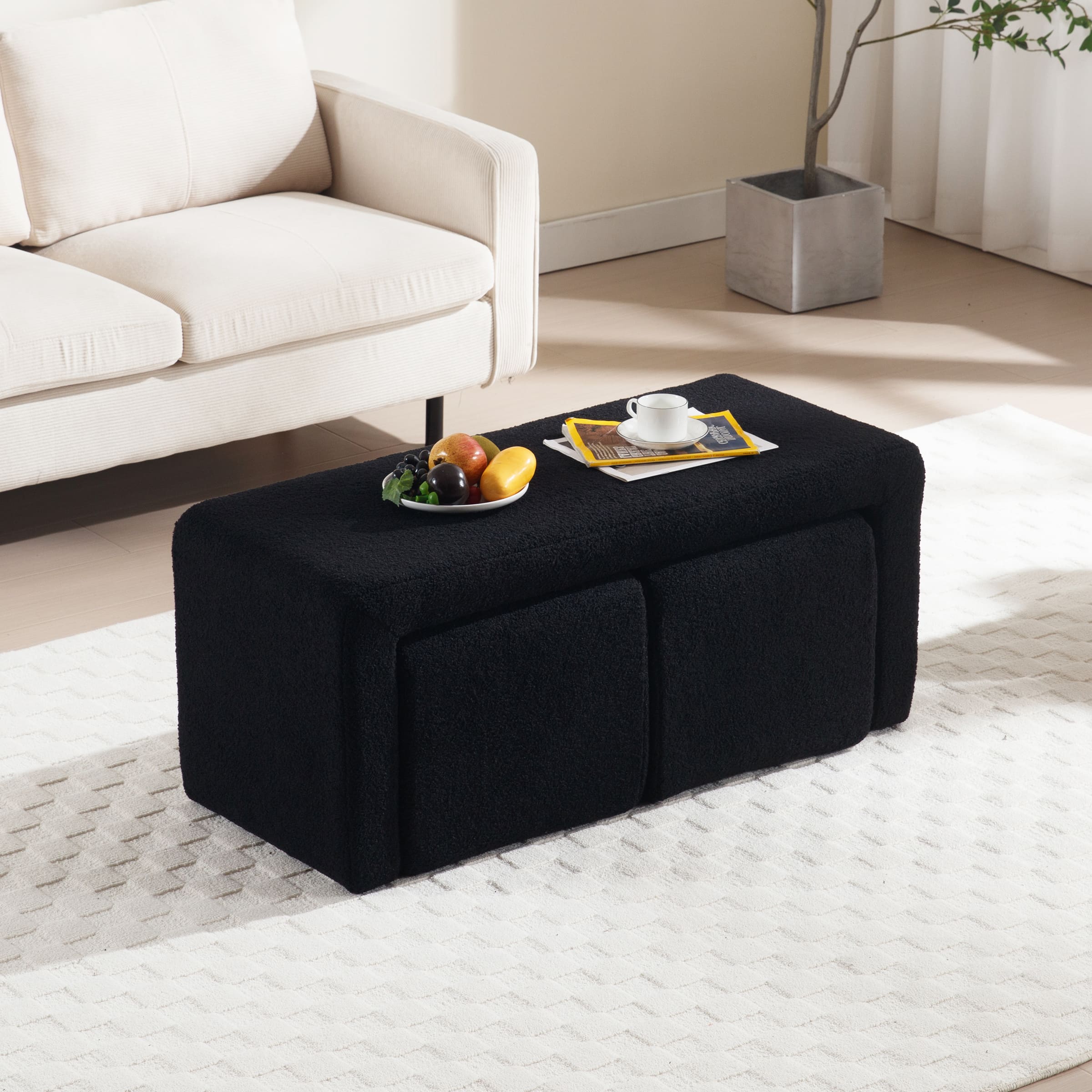 Modern Boucle Bench White Sherpa Ottoman Bench Set of 3 - 1819 - Image 3