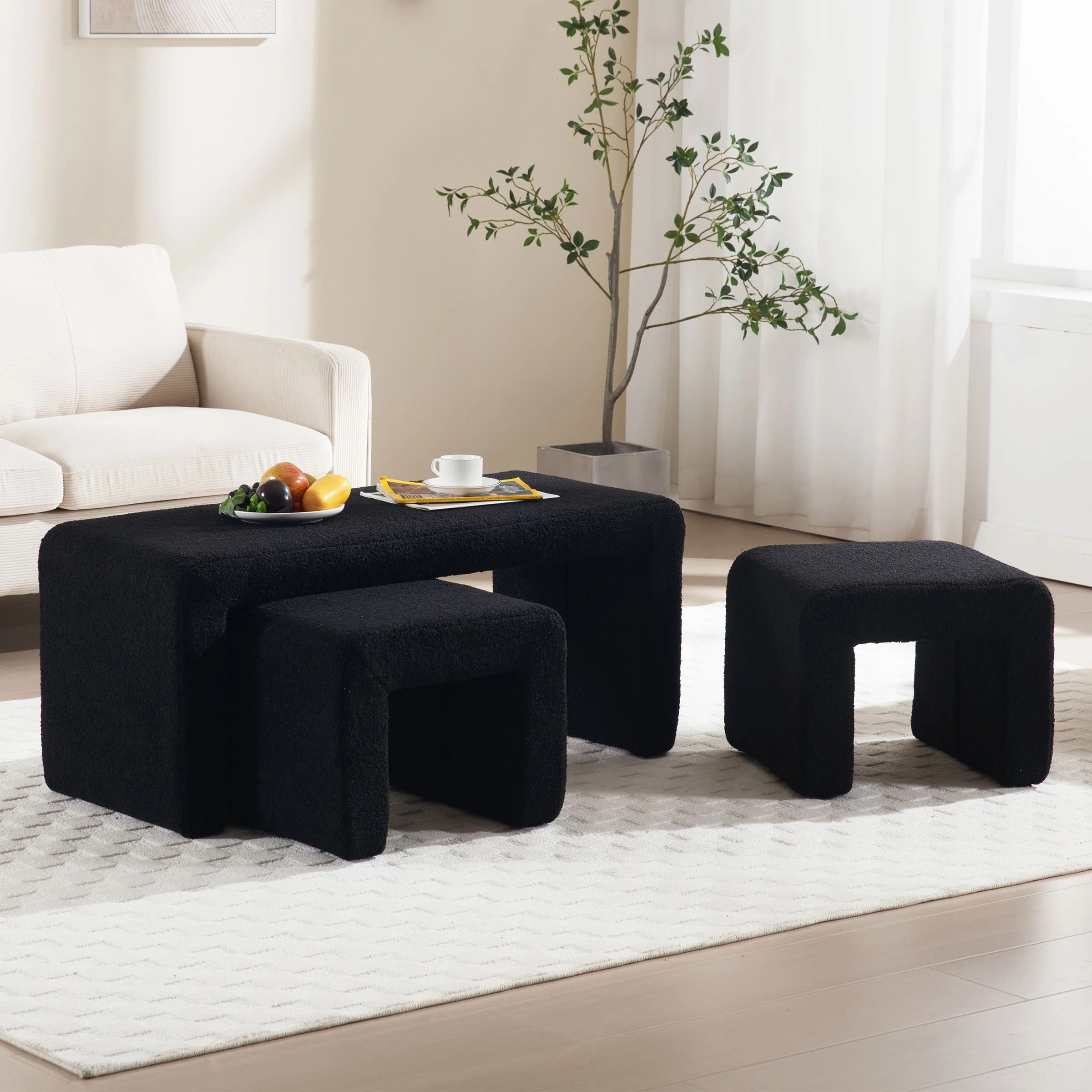 Modern Boucle Bench White Sherpa Ottoman Bench Set of 3 - 1819 - Image 4