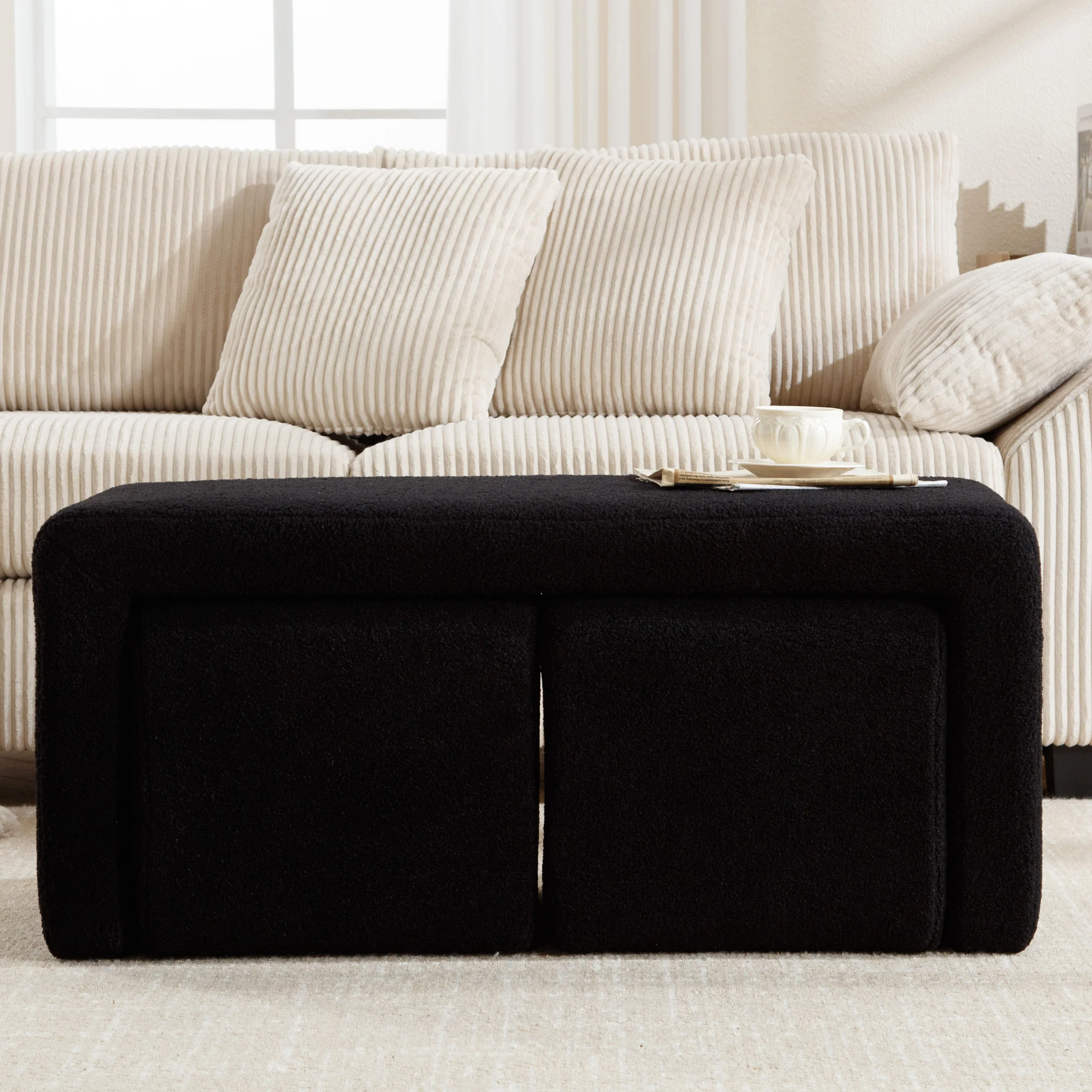 Modern Boucle Bench White Sherpa Ottoman Bench Set of 3 - 1819 - Image 6