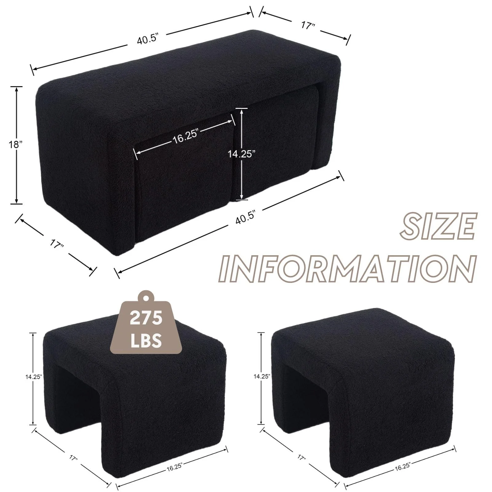 Modern Boucle Bench White Sherpa Ottoman Bench Set of 3 - 1819 - Image 9