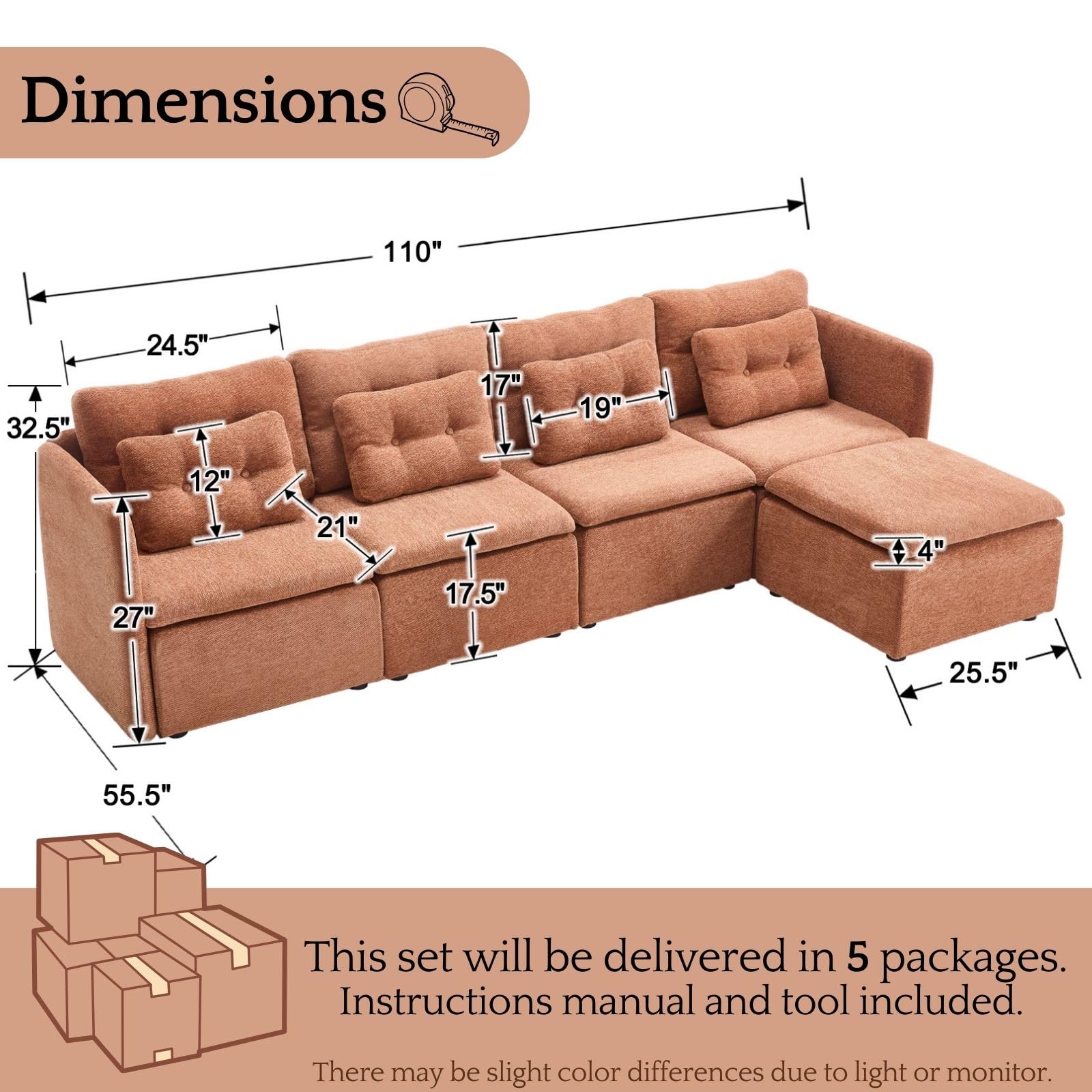Chenille 56.5" Modular Sectional Sofa with Waist Pillow - 90041SF - Image 17