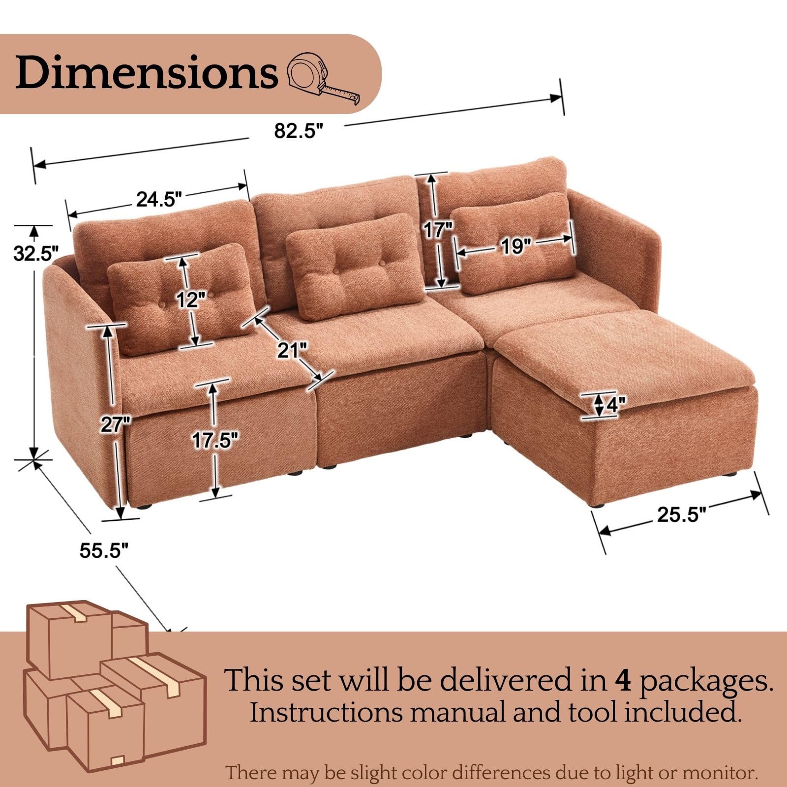 Chenille 56.5" Modular Sectional Sofa with Waist Pillow - 90041SF - Image 18