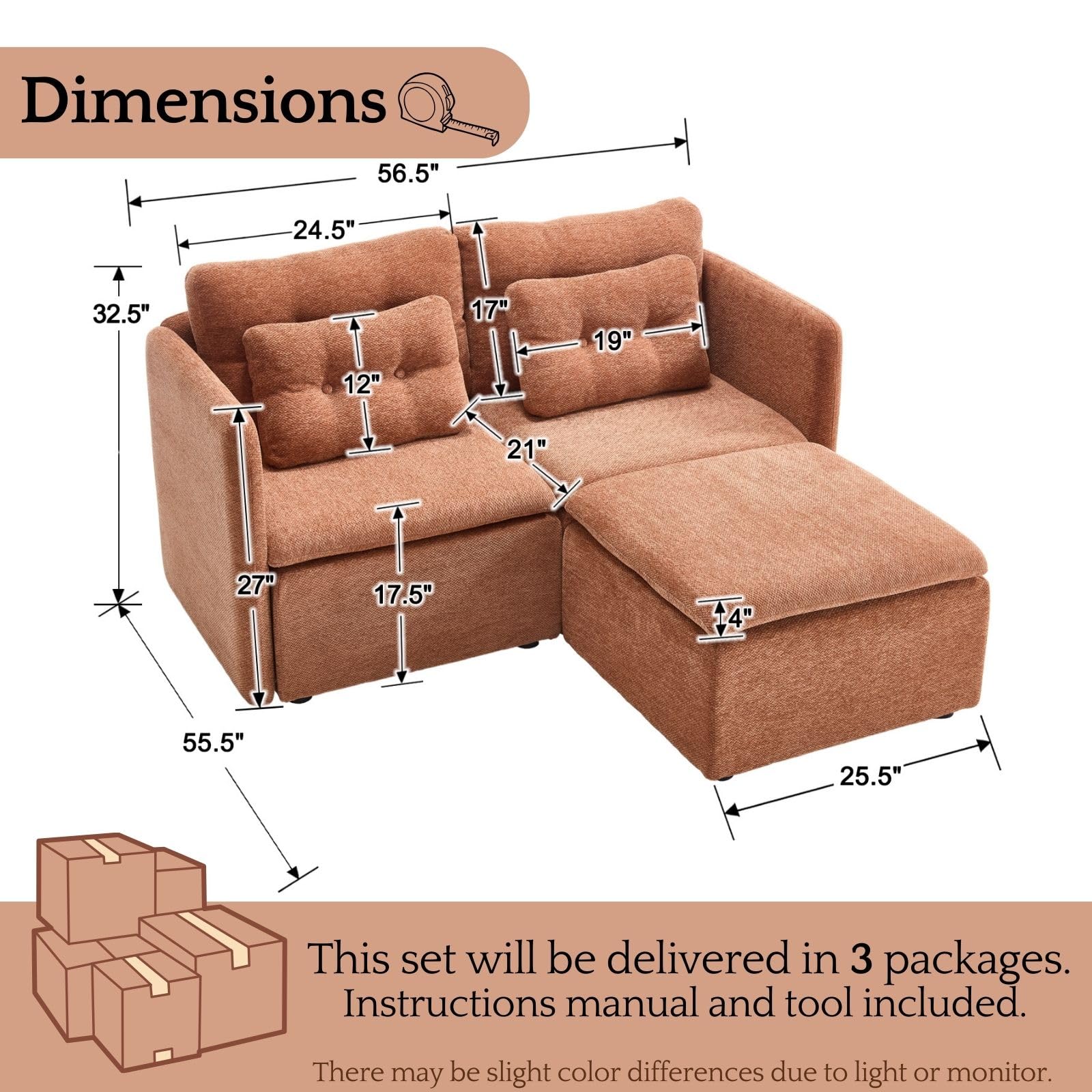 Chenille 56.5" Modular Sectional Sofa with Waist Pillow - 90041SF - Image 22